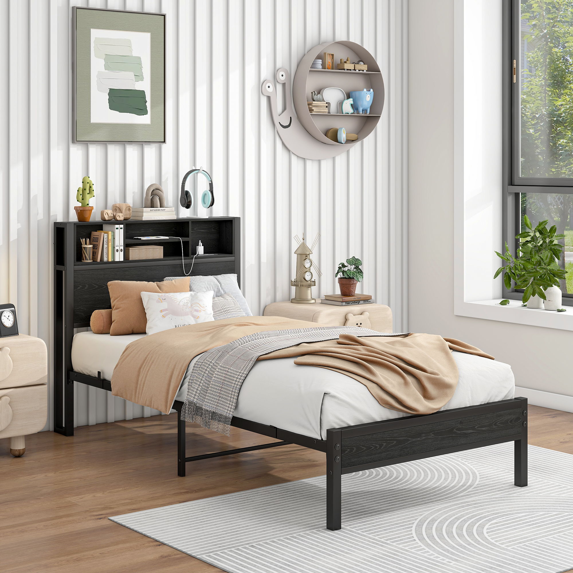 Modern Metal Platform Bed Frame With Storage Headboard And Charging Station