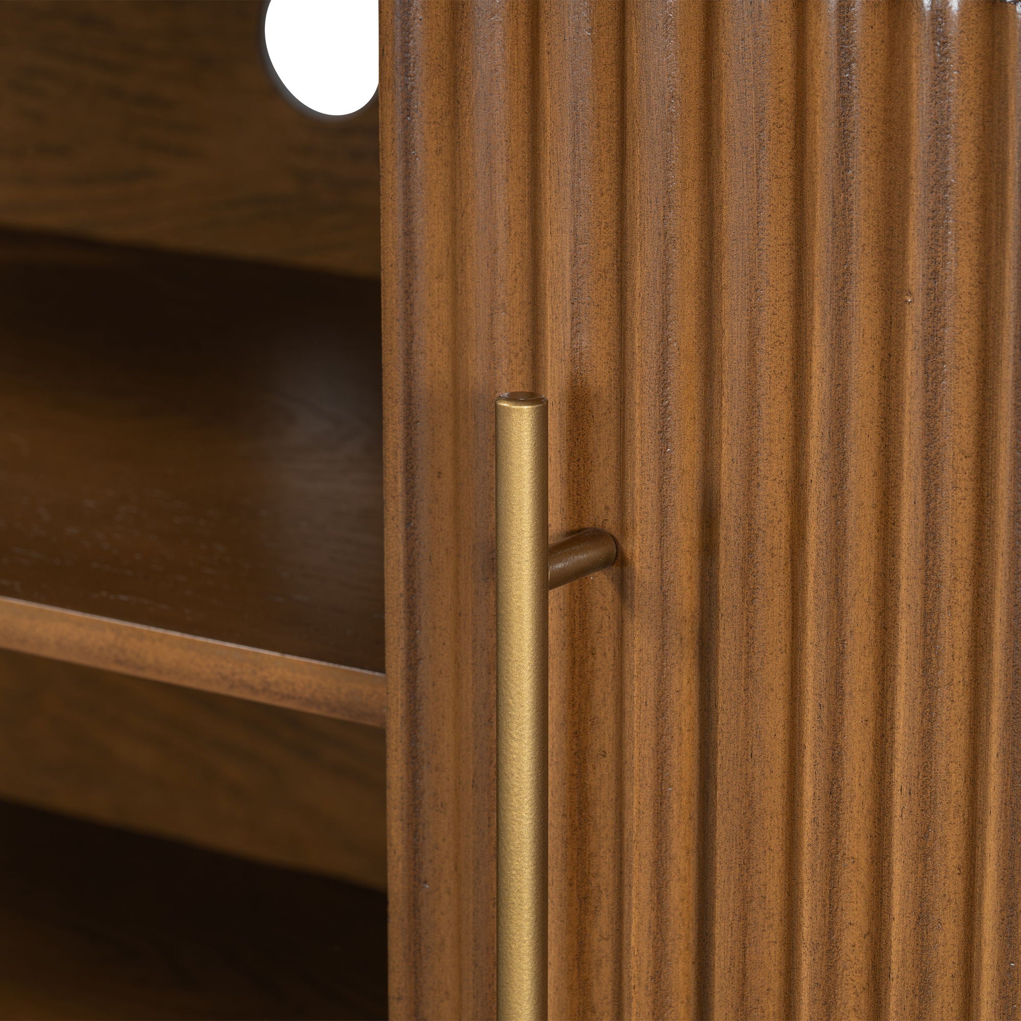 TV Stand With Vertical Slatted Doors And Sliding Panels, Solid Wood Legs - Brown