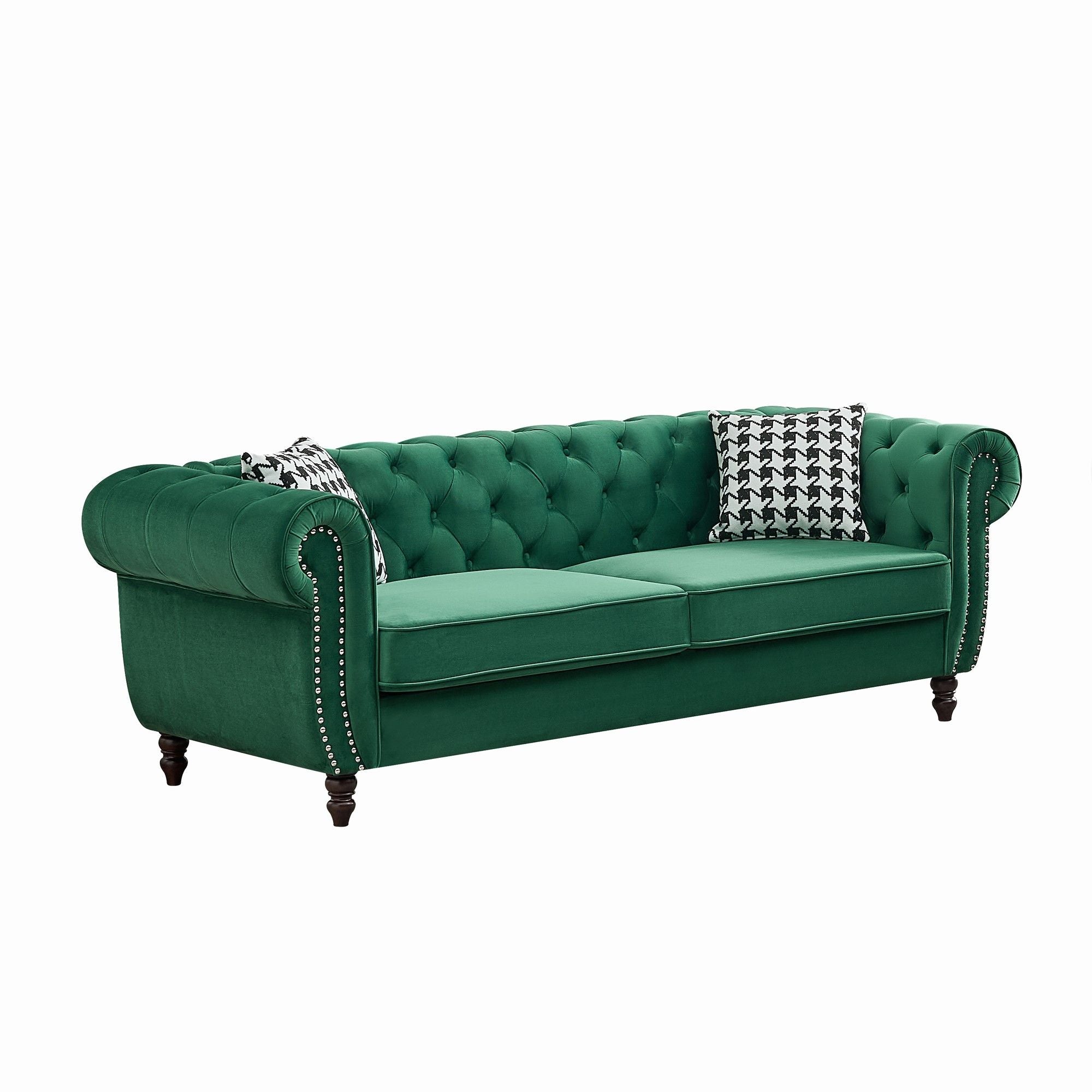 Mid Century Chesterfield Velvet Fabric Sofa With Roll Armrest & Nailhead, Green, 87 Inches