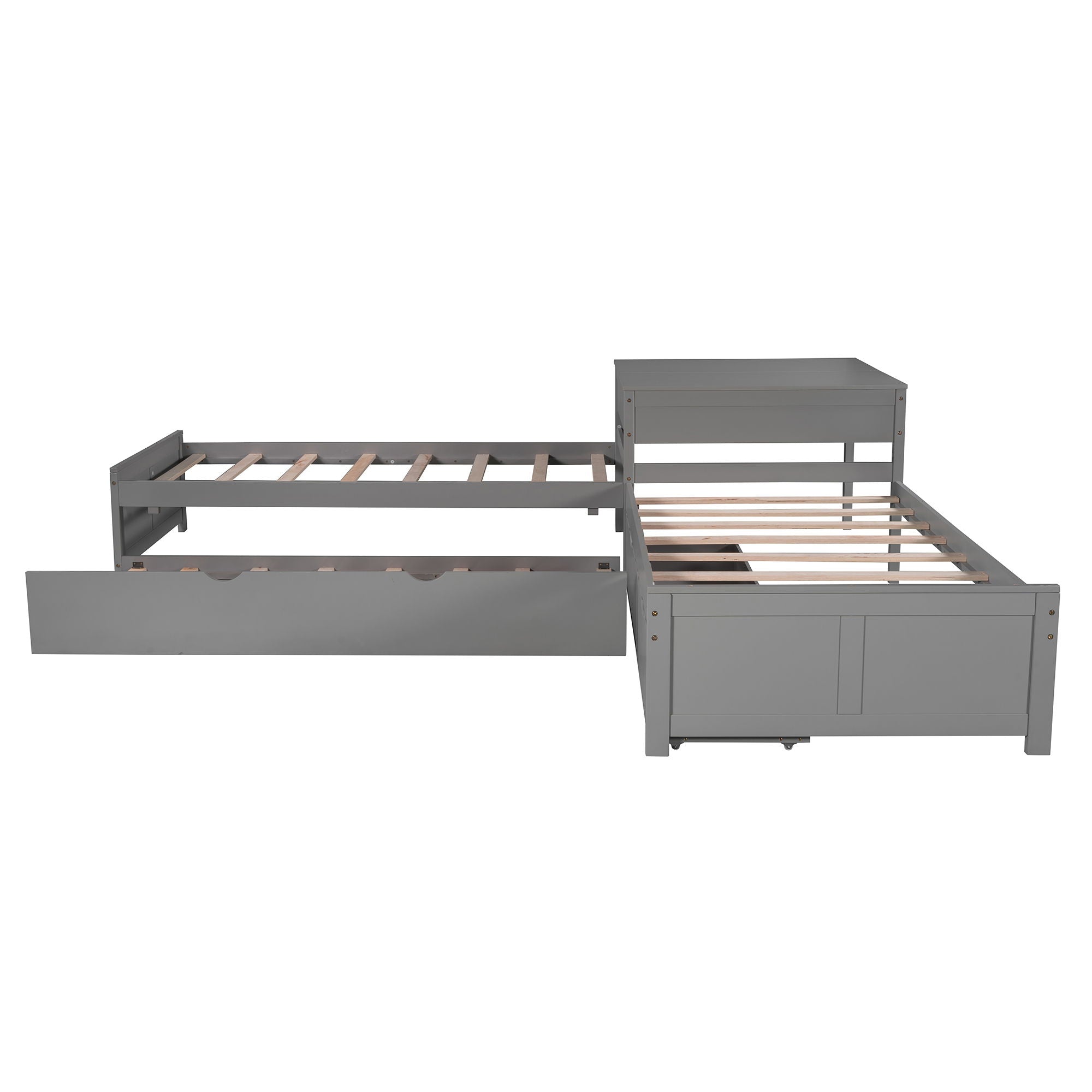 L Shaped Platform Bed With Trundle And Drawers Linked With Built In Desk