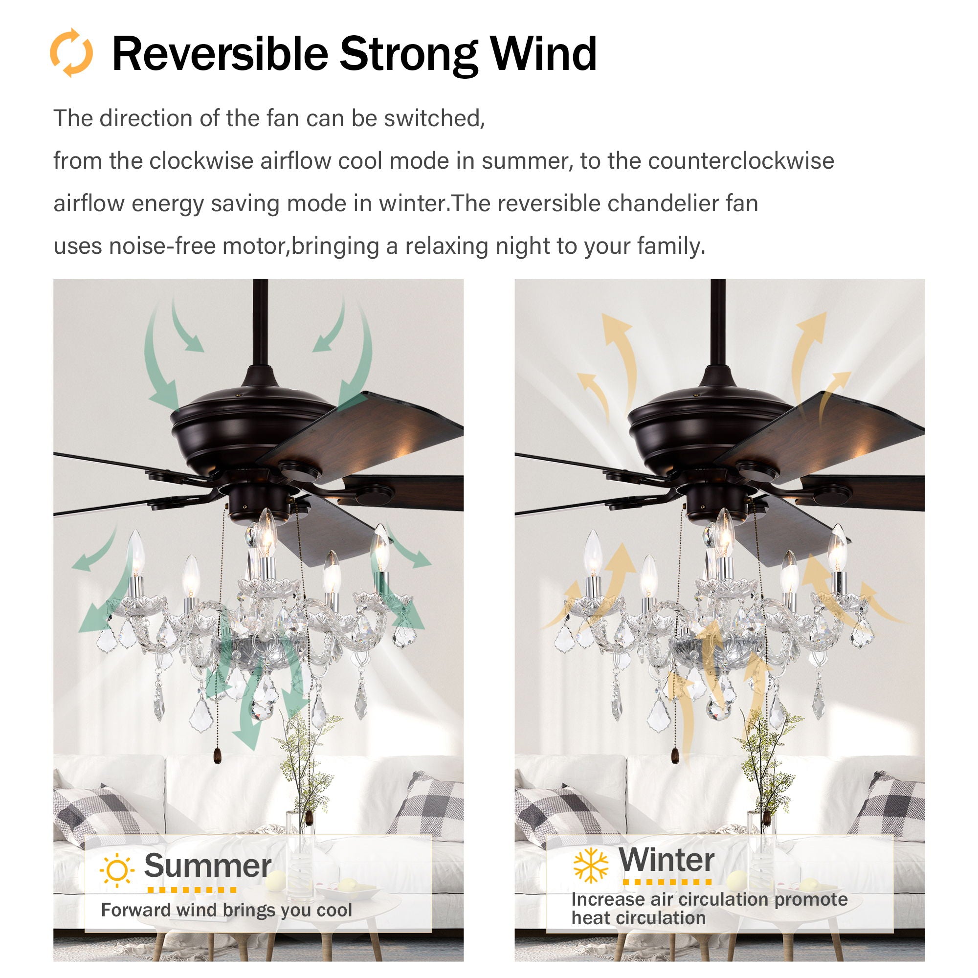 52" Crystal Shade Ceiling Fan Lamp, 3 Speed, 4 Timing, 5 Reversible Blades Crystal Ceiling Fan, 5 Pieces X E12 (No Include Bulb), Hand Pull Chain - Matte Black