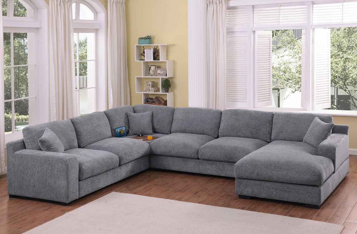 Celine 128"W Light Gray Chenille Fabric Corner Sectional Sofa with Right-Facing Chaise, Cupholders, and Charging Ports
