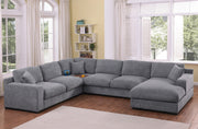 Celine 128"W Light Gray Chenille Fabric Corner Sectional Sofa with Right-Facing Chaise, Cupholders, and Charging Ports