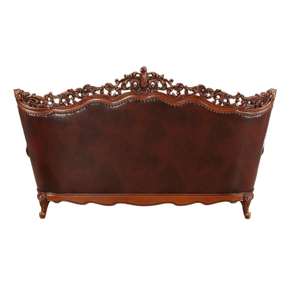 ACME Eustoma - Sofa - Cherry Top Grain Leather Match & Walnut | Meri Furniture