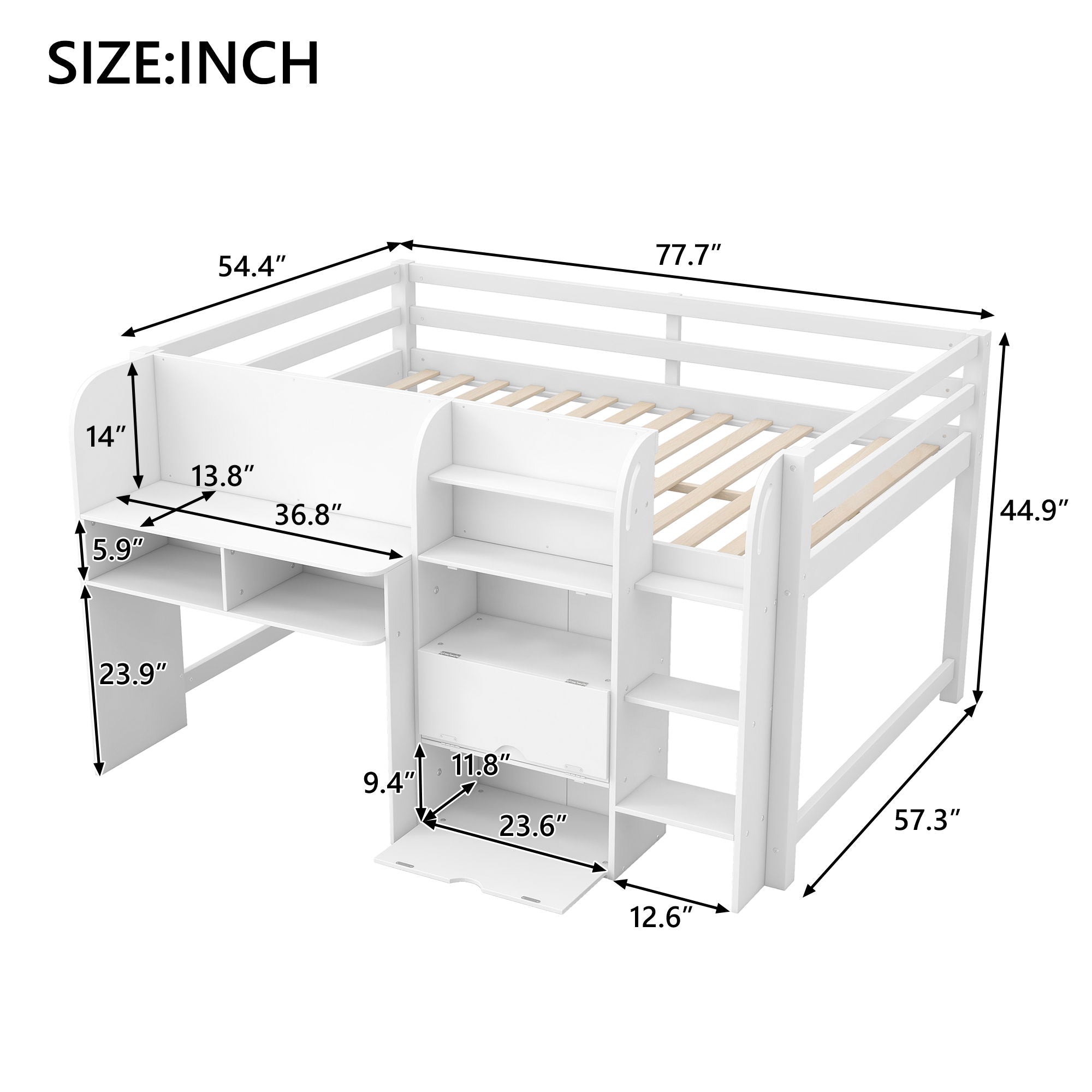 Low Loft Bed With Built In Desk, Storage Cabinets, Open Bookcase And Doodle Blackboard