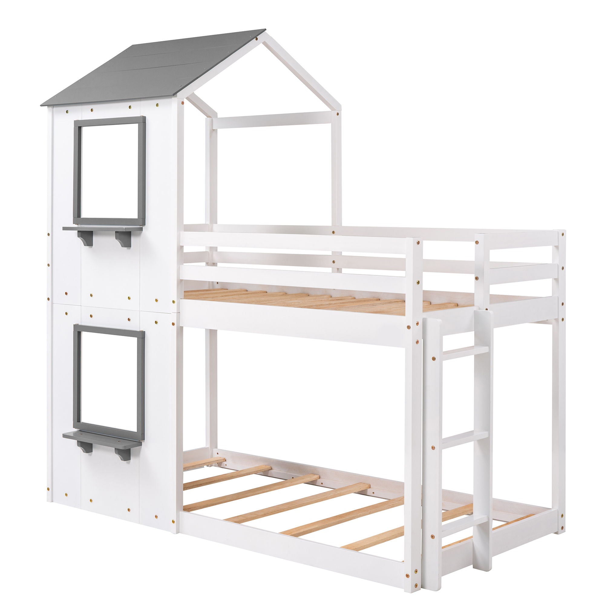 Bunk Bed Wood Bed & Roof, Window, Guardrail, Ladder