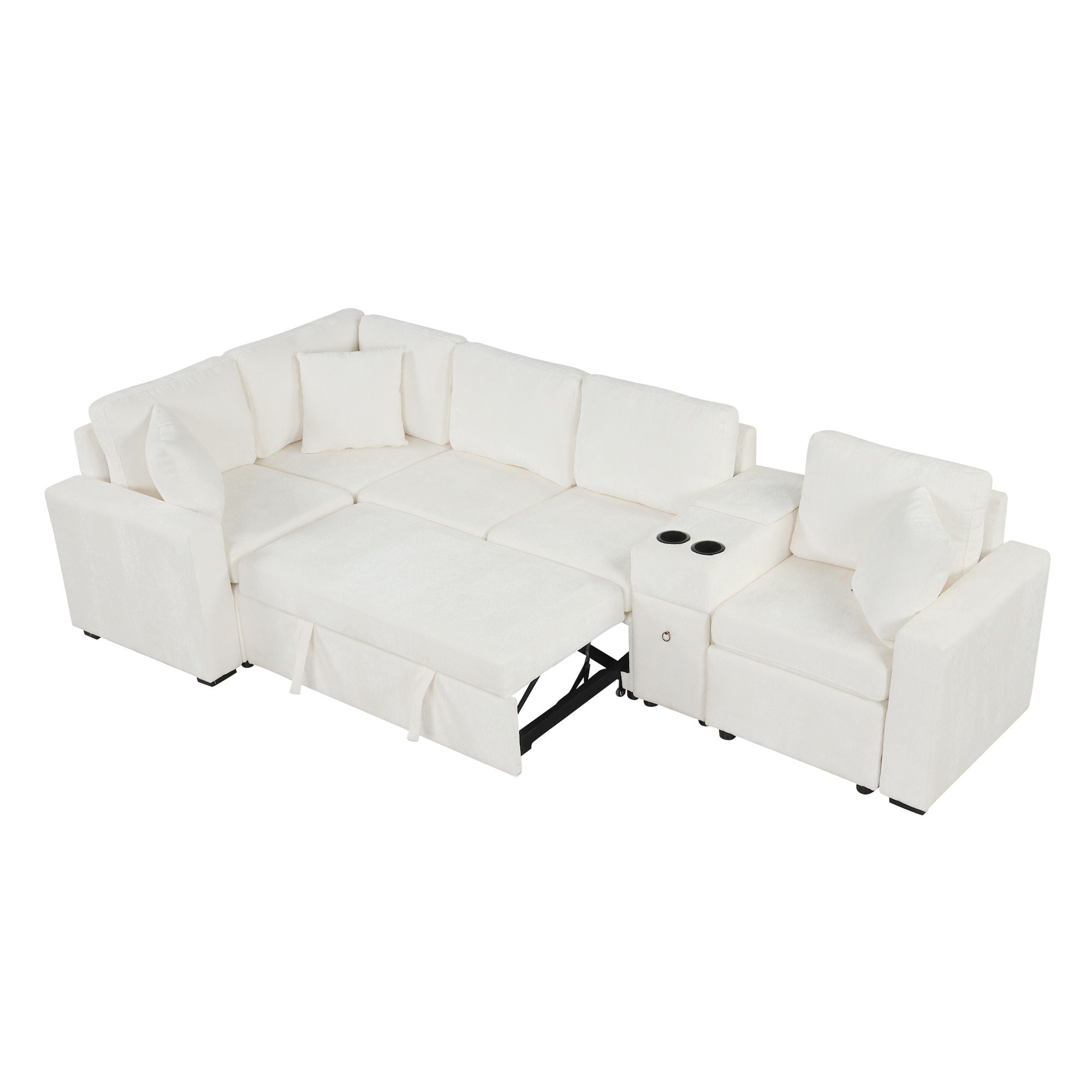 Contemporary L Shaped Convertible Sofa Bed With Pull Out Bed, Cup Holders, And Storage