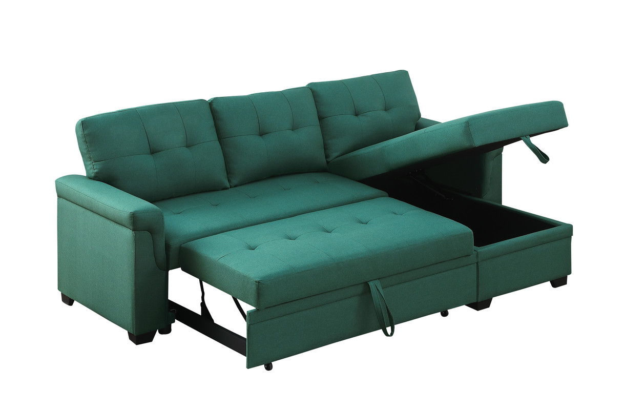 Lucca 84"W Green Linen Reversible Sleeper Sectional Sofa with Storage Chaise