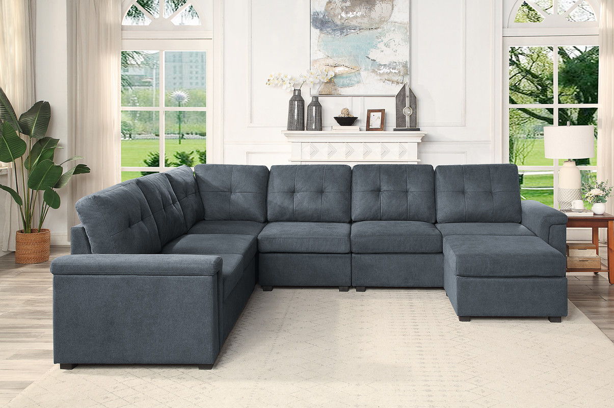 Isla 119"W Gray Woven Fabric 7-Seater Sectional Sofa with Ottoman