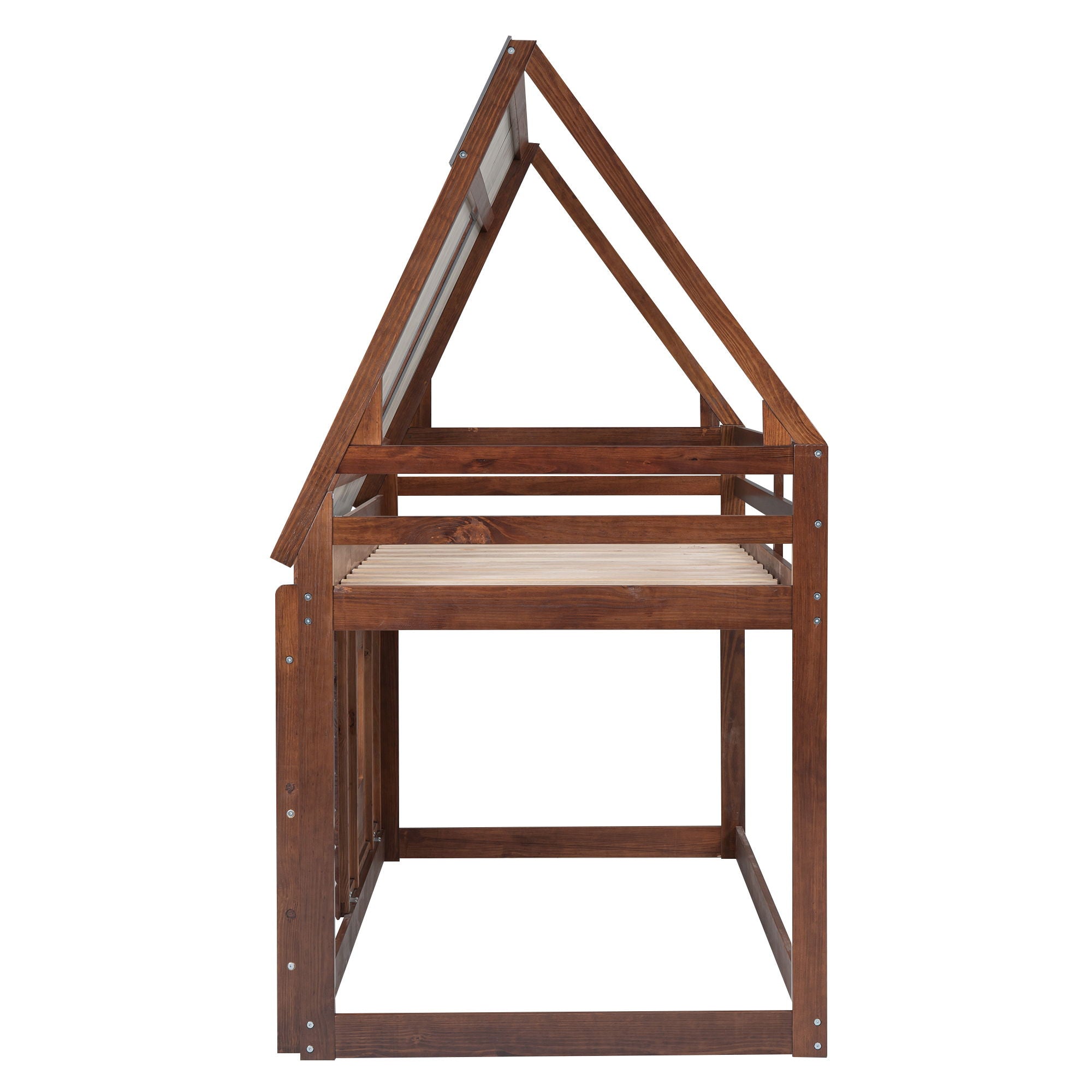 Wood Twin Size House Bunk Bed With Roof, Ladder And 2 Windows - Oak & Smoky Gray