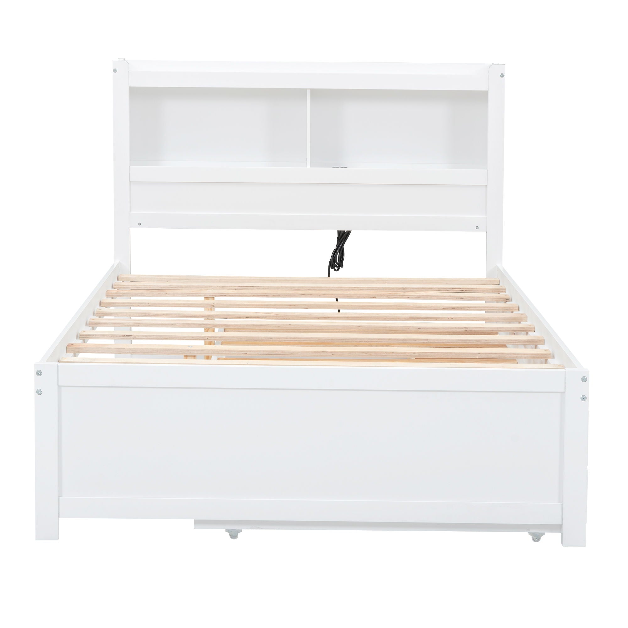Full Size Platform Bed With Trundle, Drawers, USB Ports And Built In Shelves - White