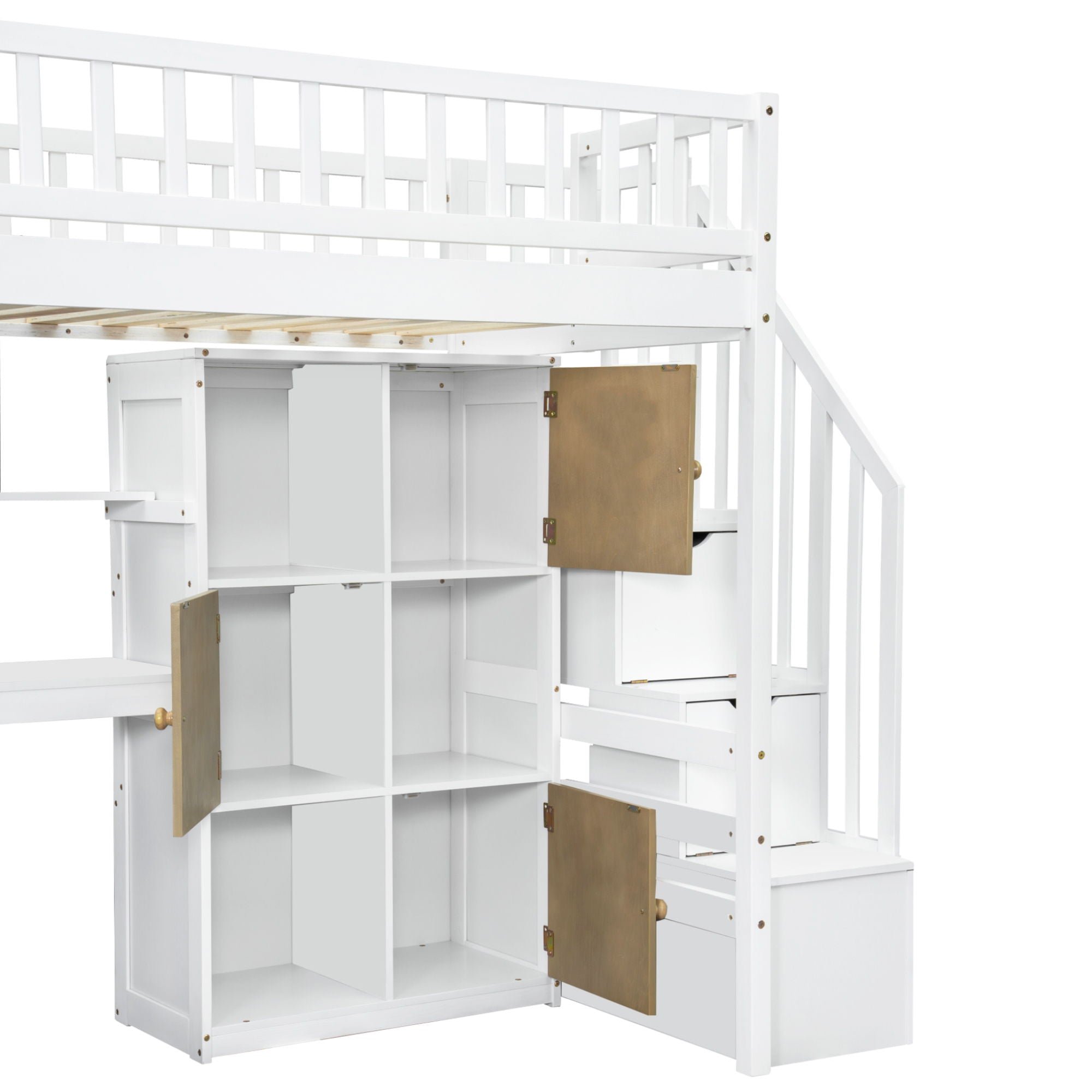 Loft Bed With Built In L Shaped Desk, LED Lights, Storage Shelves, Cabinets, And Staircase