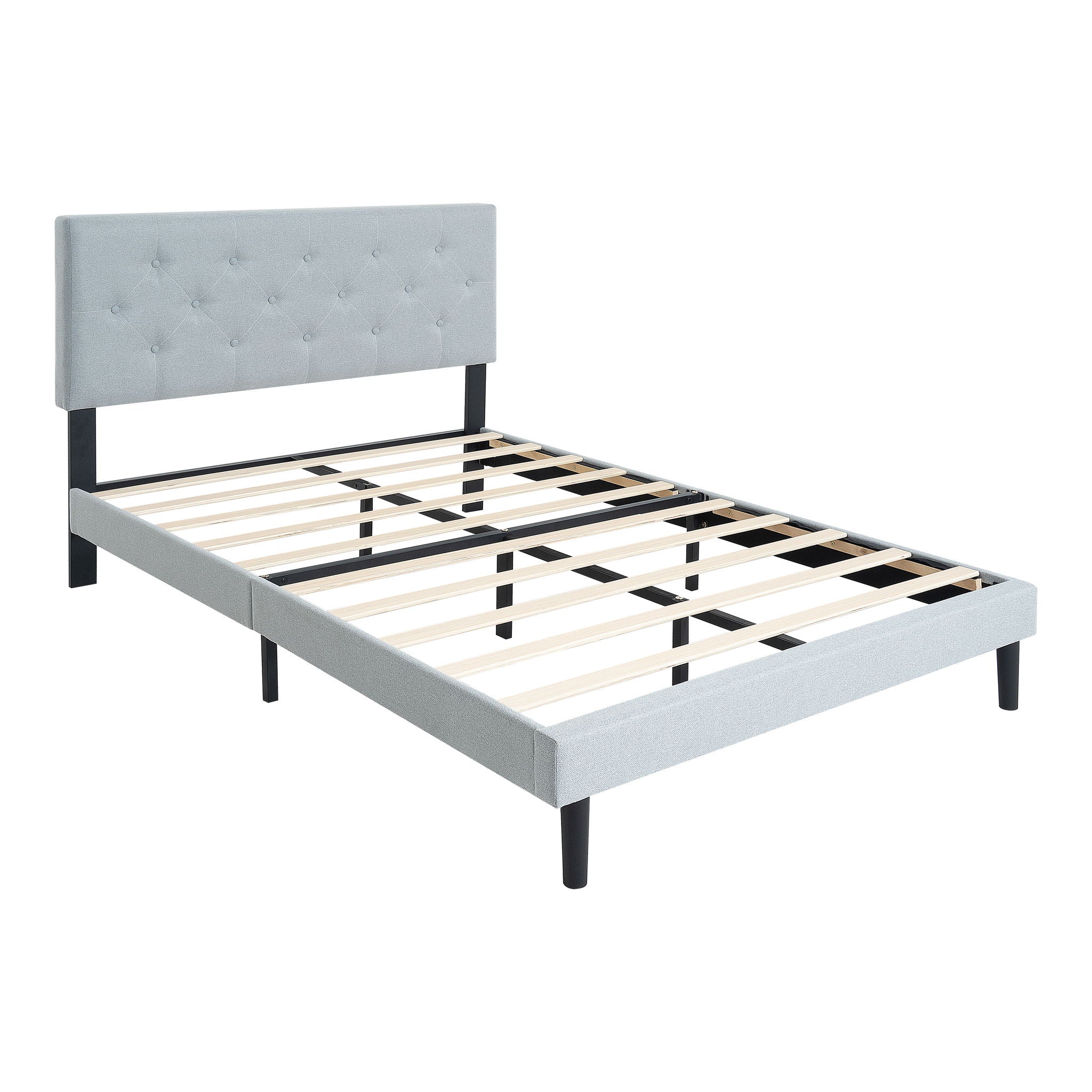 Modern Upholstered Platform Bed Frame With Button Tufted Linen Fabric Headboard