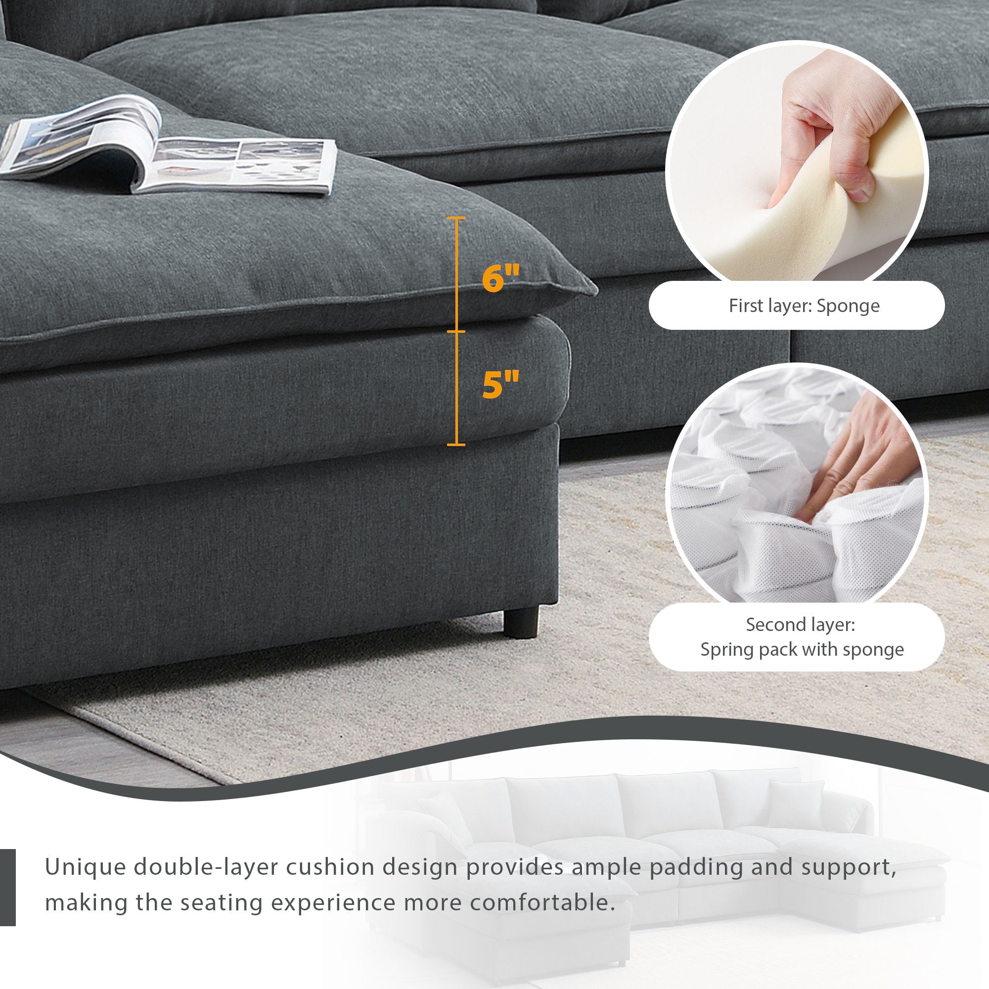 Chenille Modular Sectional Sofa, U Shaped Cloud Couch Set With Double Cushions, 6 Seat Sleeper Sofa Bed With Ottomans, Oversized Indoor Furniture For Living Room