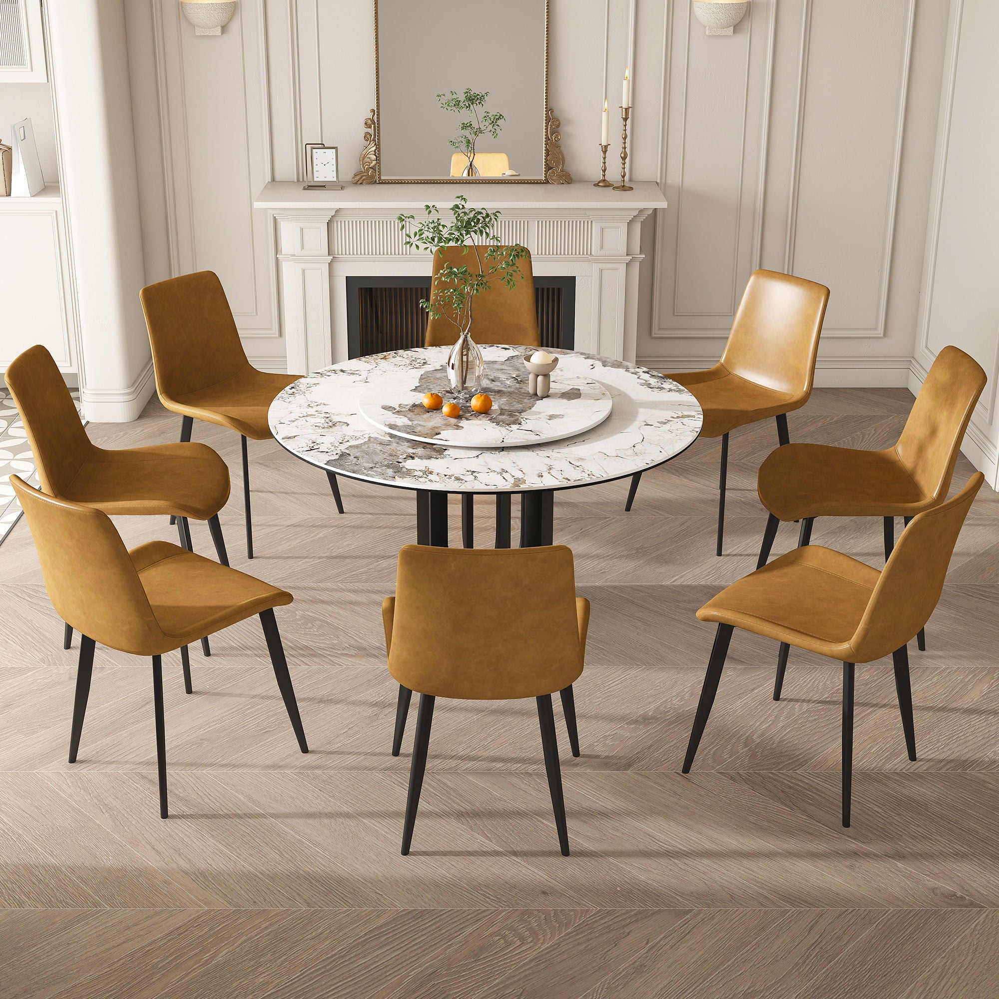 Round Dining Table With Carbon Steel Base And Lazy Susan Industrial Style - Black / White