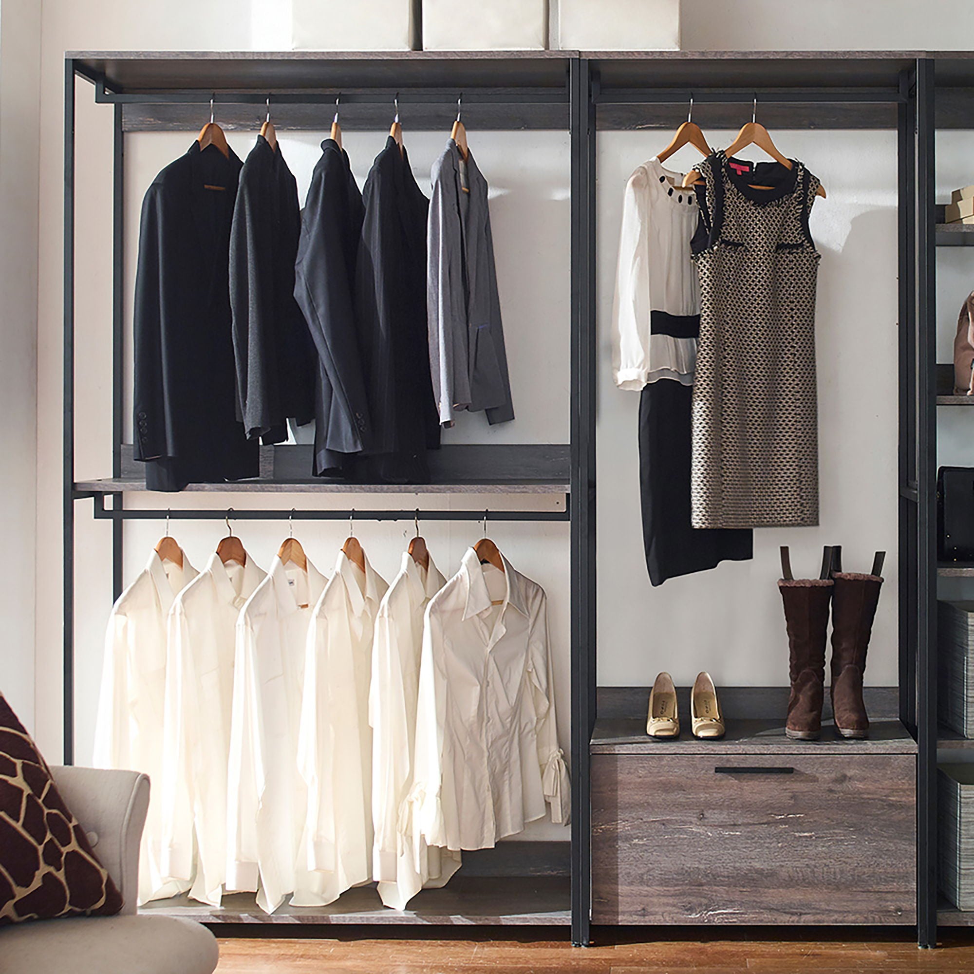 Monica - Wood Walk In Closet System, Modular Design Melamine - Rustic