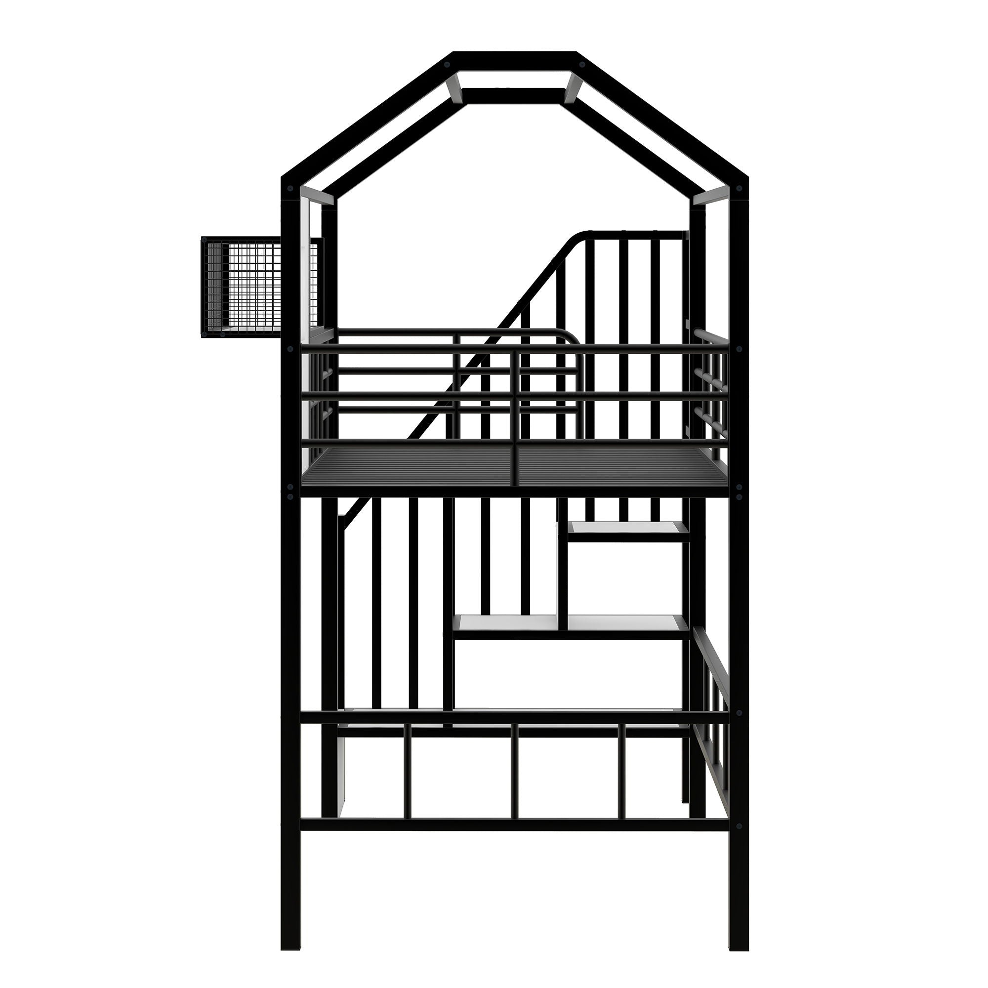Metal Loft Bed With Roof Design And Storage Box With Guardrails And Integrated Ladder