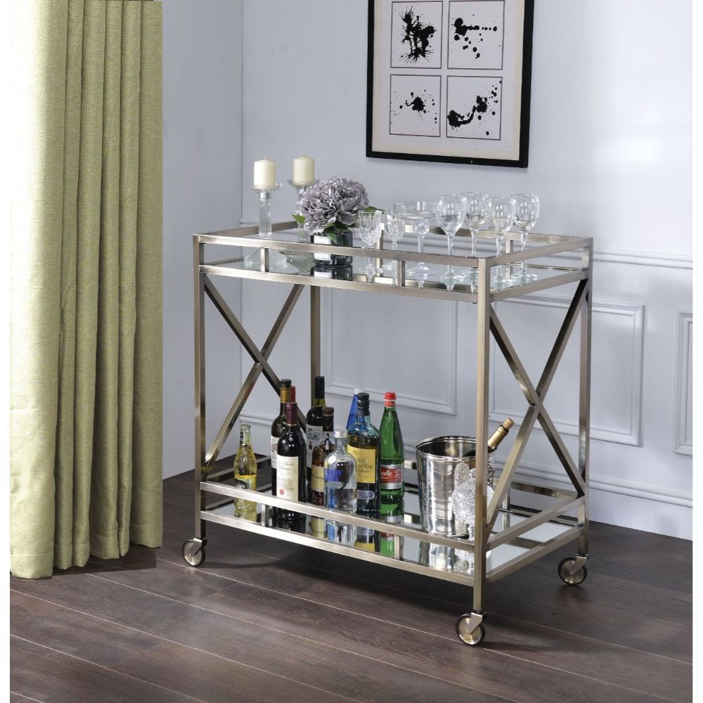 ACME Kristensen - Serving Cart - Antique Gold & Mirror | Meri Furniture