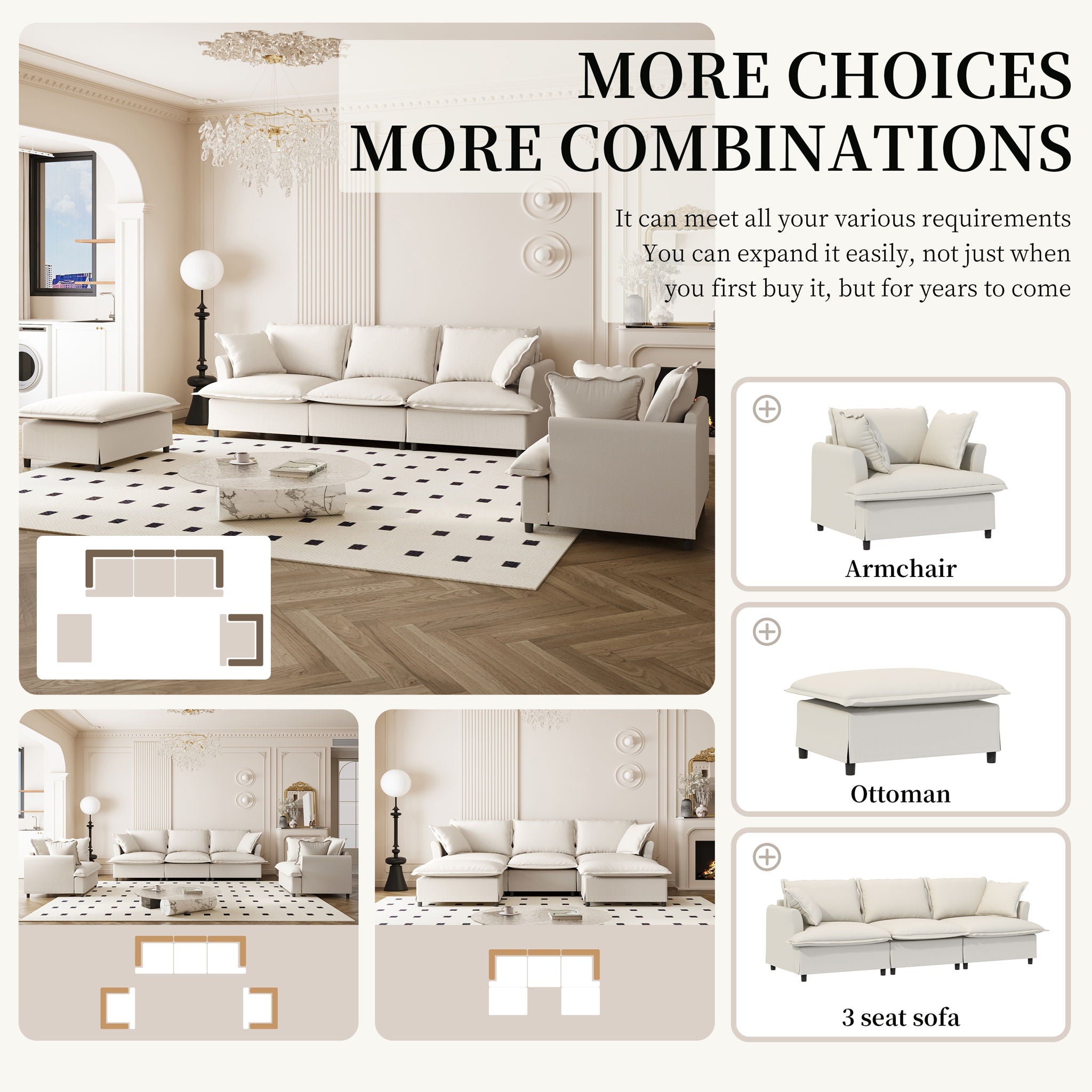 Living Room Set Modular Sectional Couch, Upholstered Sofa & Armchair & Movable Ottoman