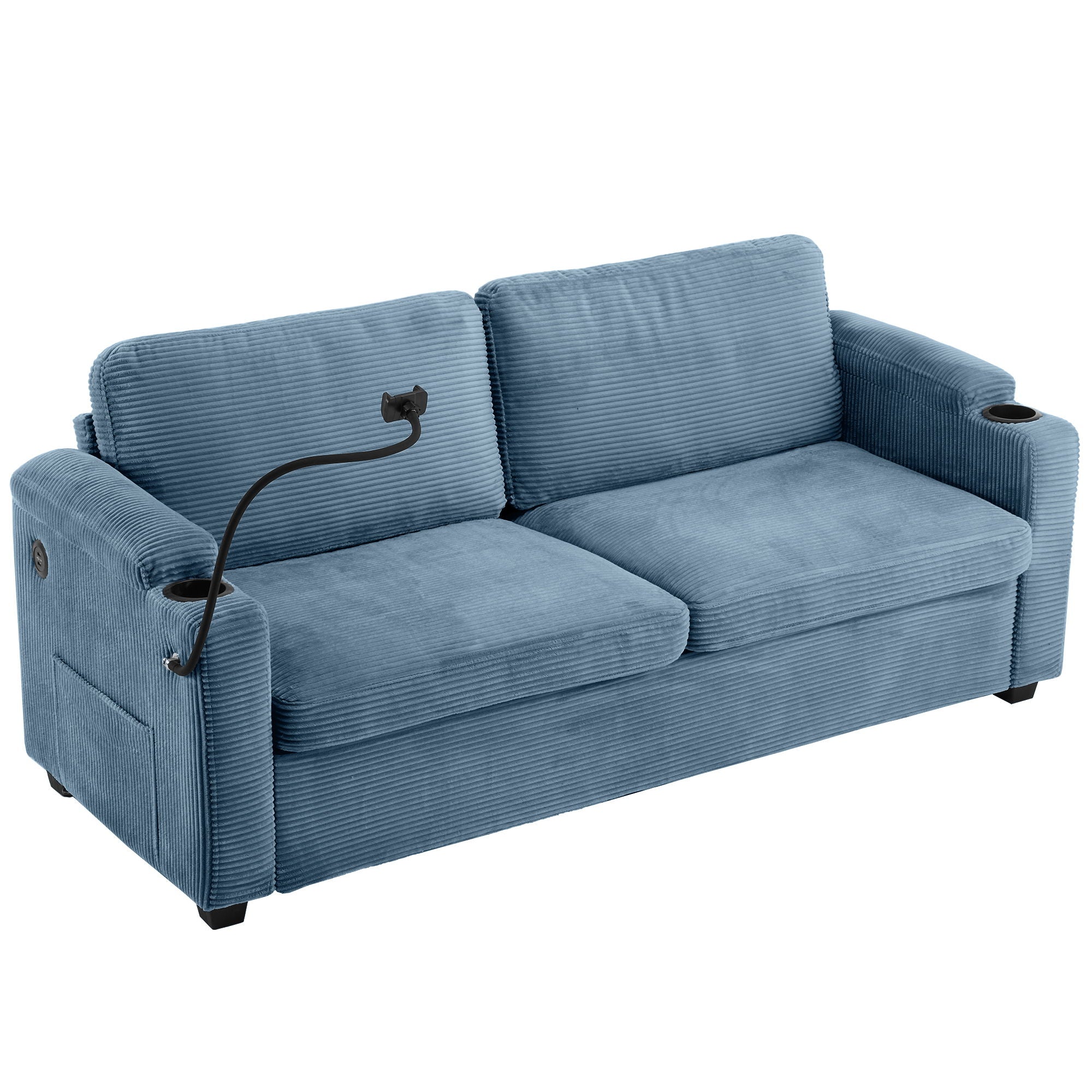 Corduroy Sleeper Sofa Loveseat Sofa With Full Size Mattress, 2 USB Ports, 2 Cup Holders, 2 Side Pockets And Phone Holder