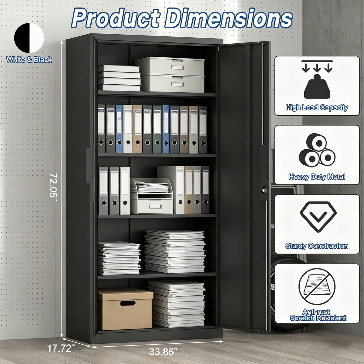 2 Door File Cabinet With Lock, 4 Adjustable Shelves, Heavy-Duty