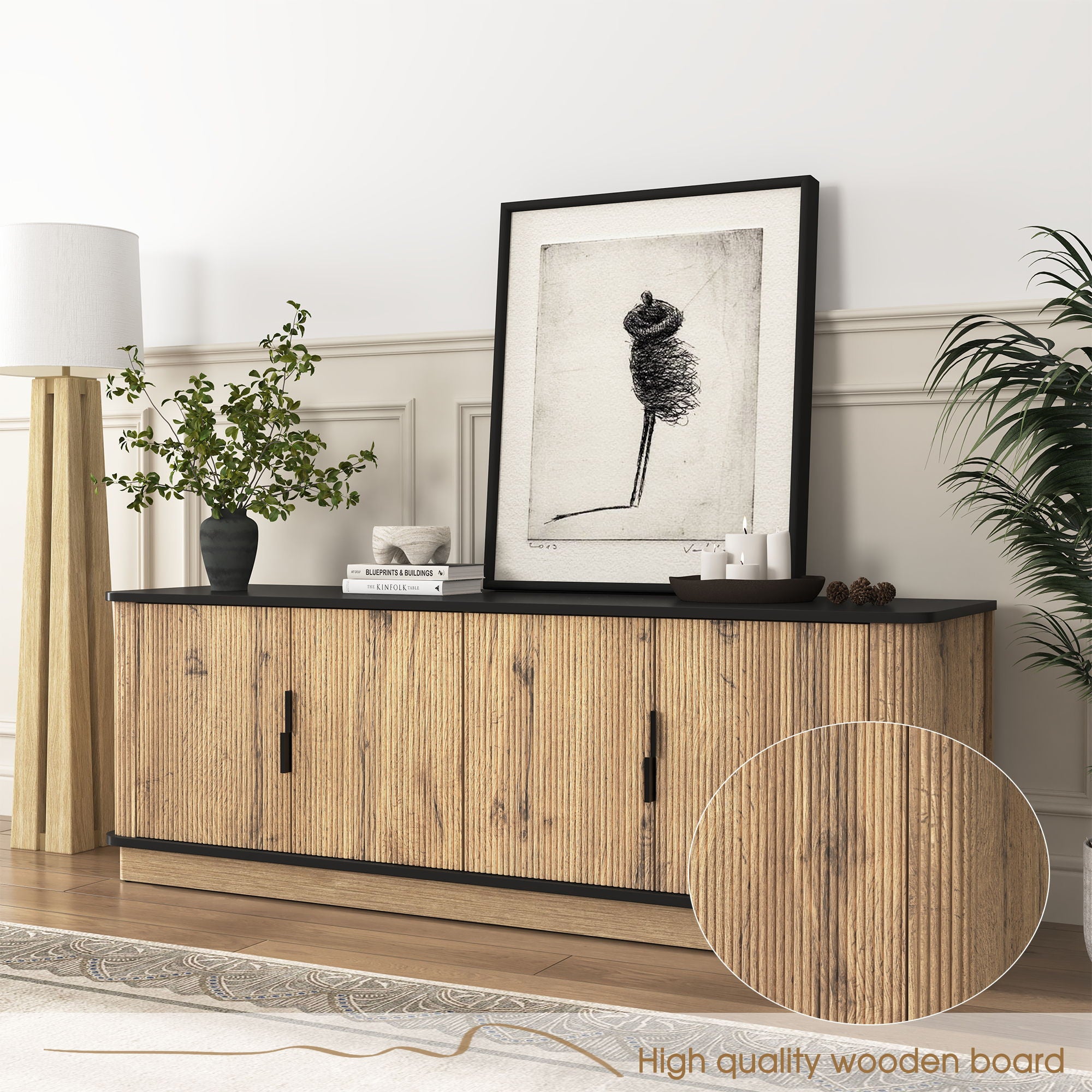 Grain 4 Door TV Cabinet, An Ideal Choice For TV And Item Storage In Modern Homes, A Perfect Blend Of Nordic And Modern Minimalist Styles - Black