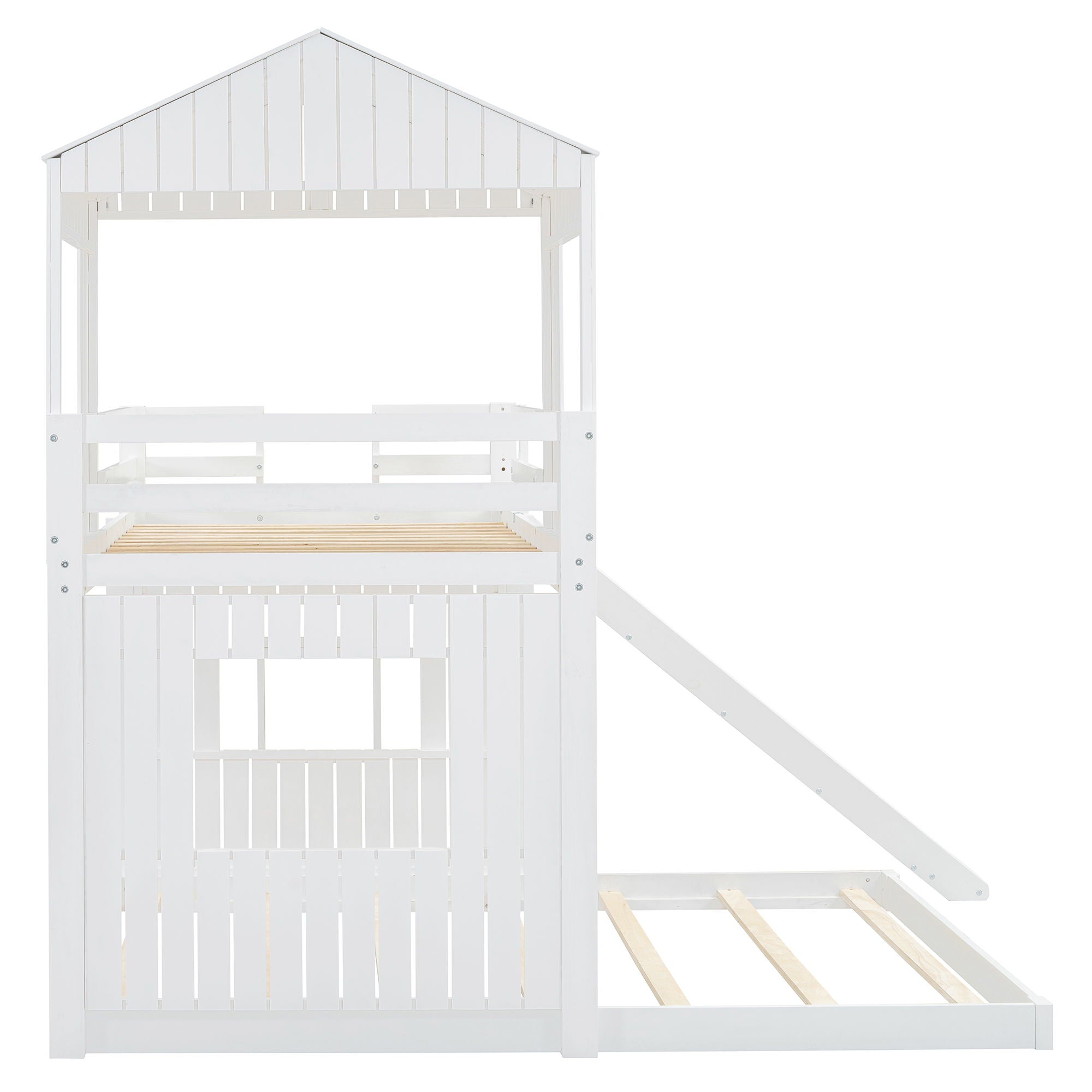 Loft Bunk Bed With Playhouse, Farmhouse, Ladder, Slide And Guardrails