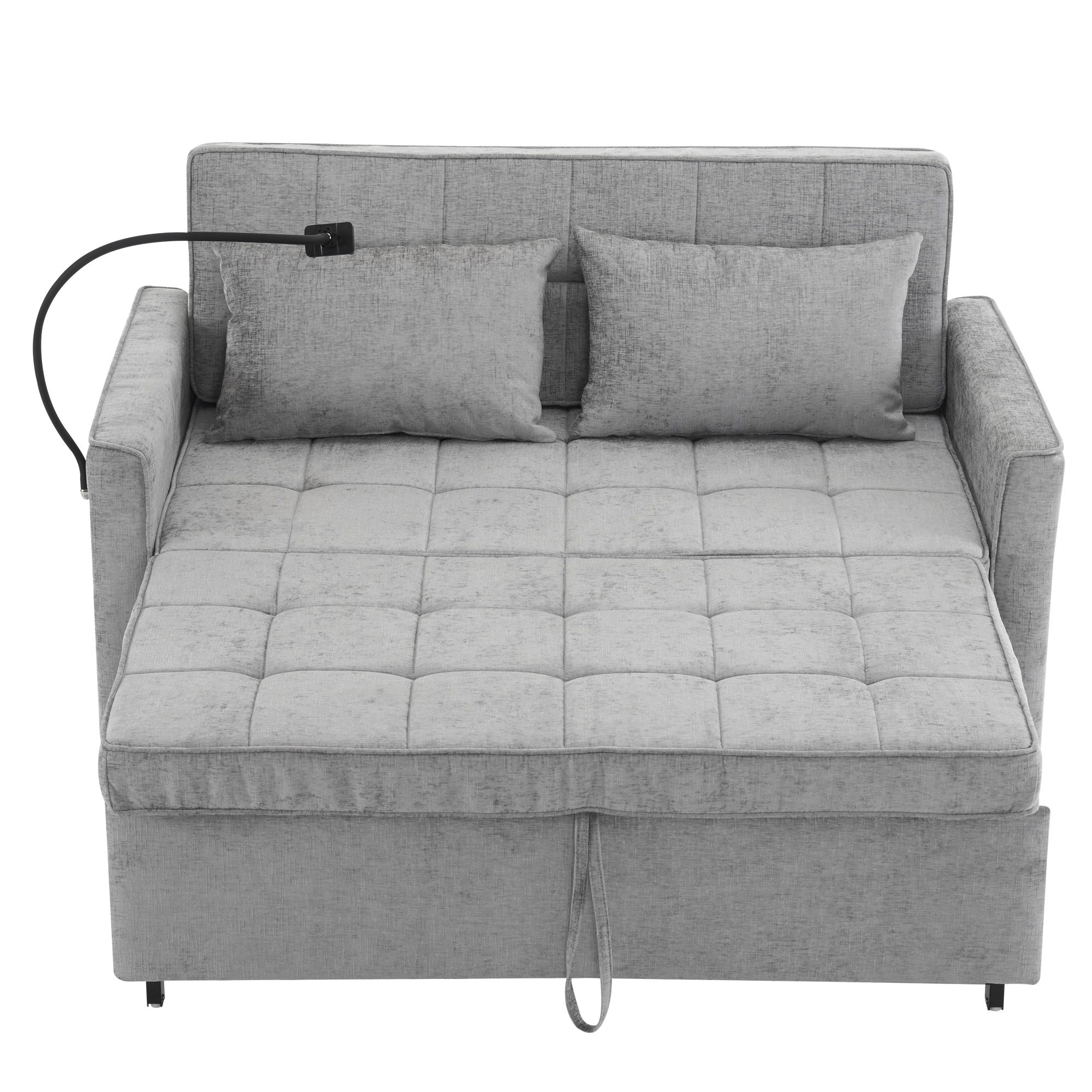 Pull-Out Sleeper Sofa With Reversible Backrest Cushion, Side Pockets, 2 USB Ports And A Phone Holder For Living Room