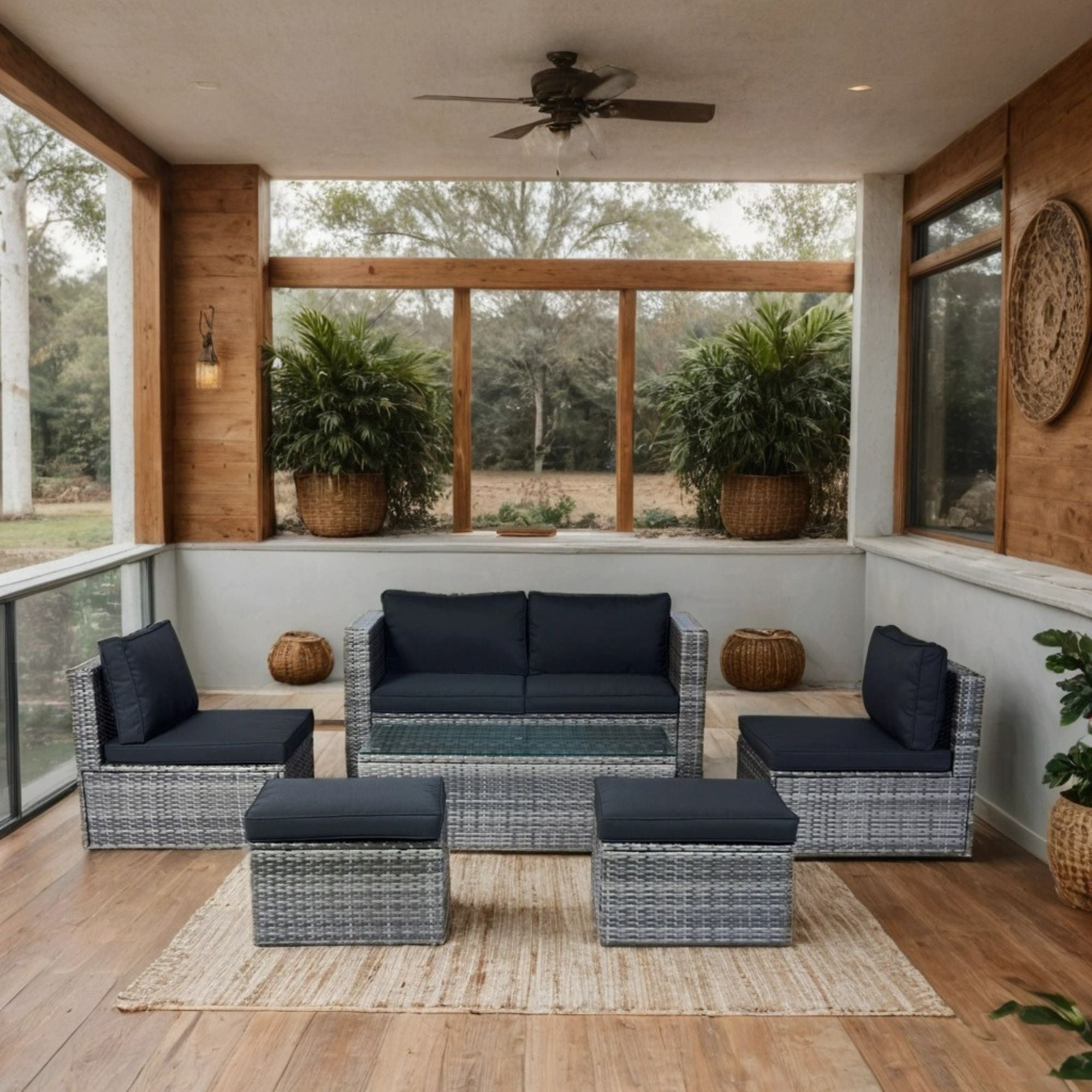 6 Piece Patio Wicker Sectional Set Patio Backyard Conversation Set Space Saving - Gray / Black