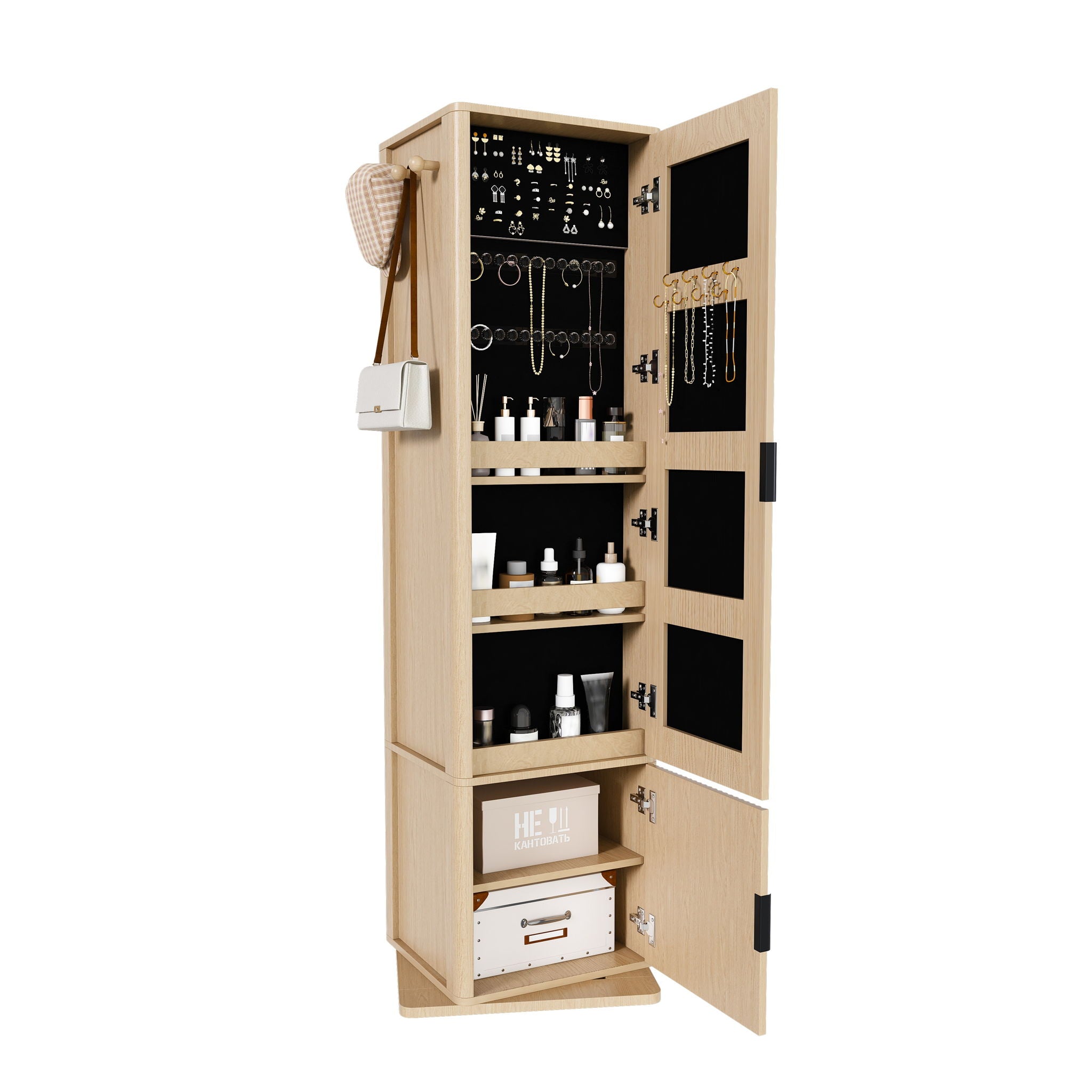 360 Degrees Rotating Makeup Cabinet With Full Length Mirror, Jewelry Storage, 4 Open Shelves, 2 Built In Shelves - Walnut