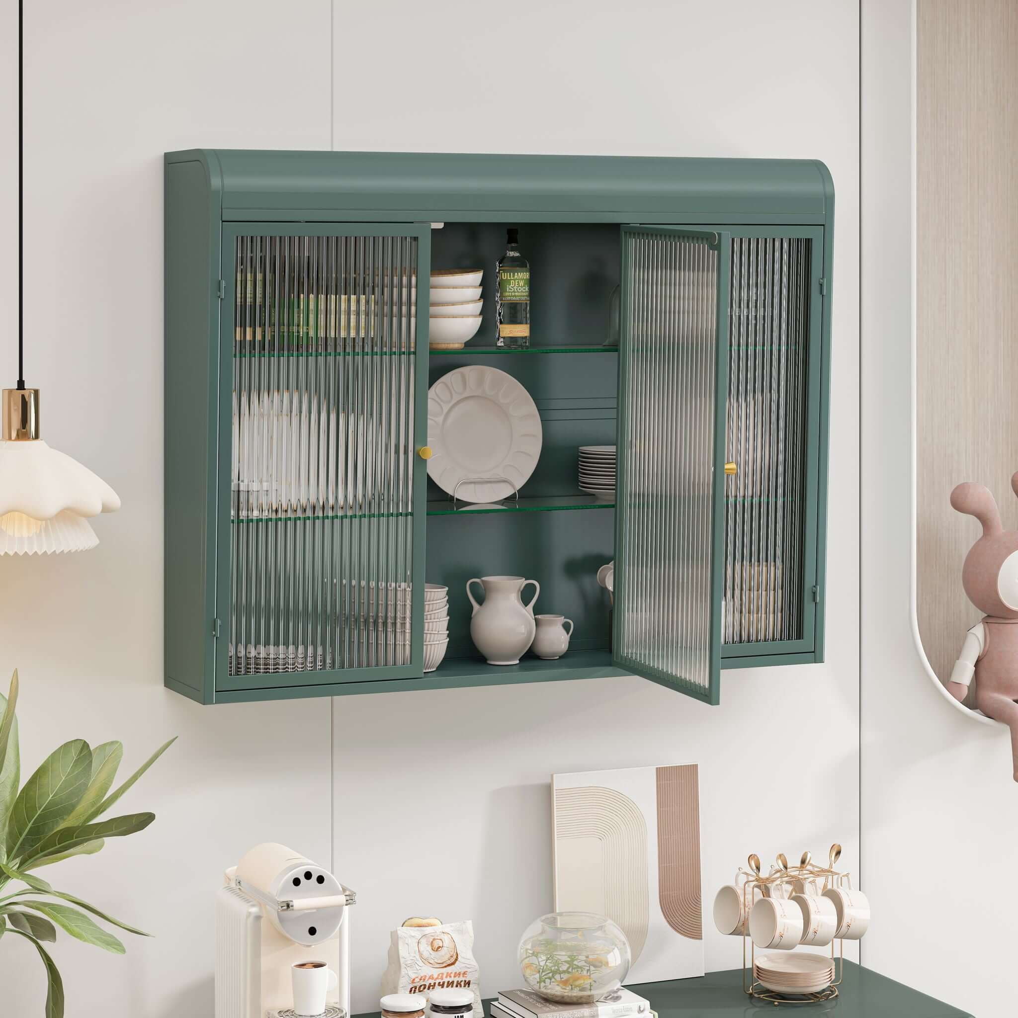 Arched Wall Mounted Cabinet, 3 Door Storage For Kitchen - Dark Green