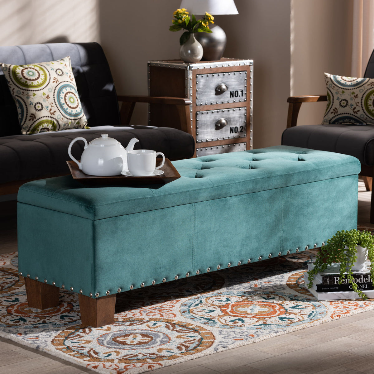 Hannah Modern and Contemporary Teal Blue Velvet Fabric Upholstered Button-Tufted Storage Ottoman Bench