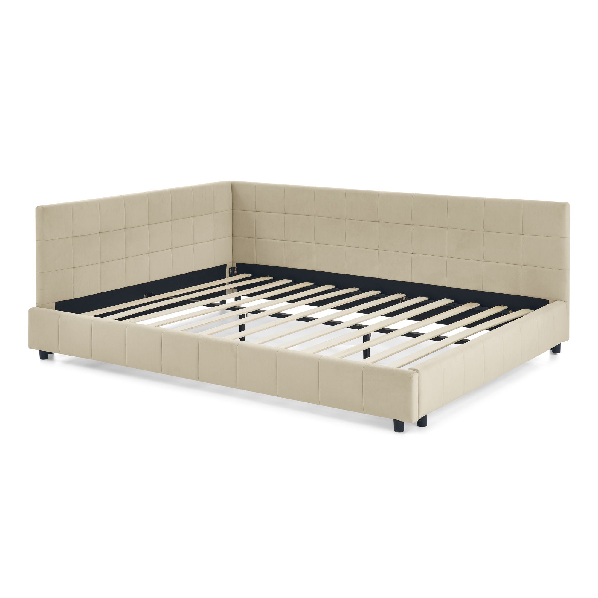 Mid-Century Storage Upholstered Tufted Bed Frame With Backrest And Armrests