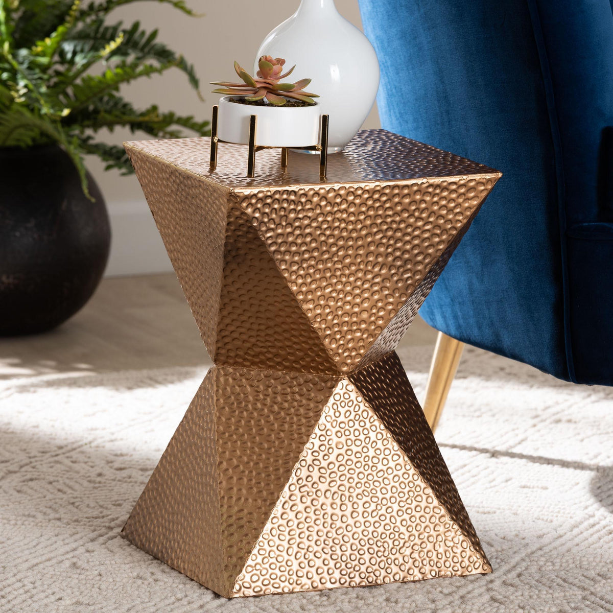Pacey Textured Metal Accent Table - Geometric Gold Side Table with Hourglass Silhouette for Indoor or Semi-Outdoor Use