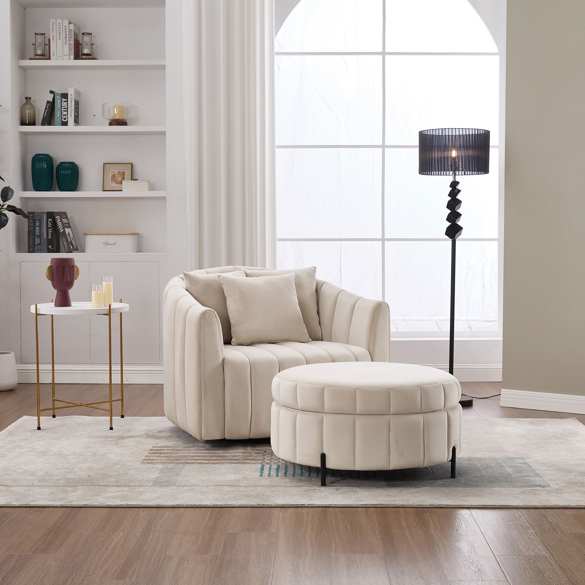 Oversized Velvet Swivel Barrel Accent Chair And Ottoman Set With Storage