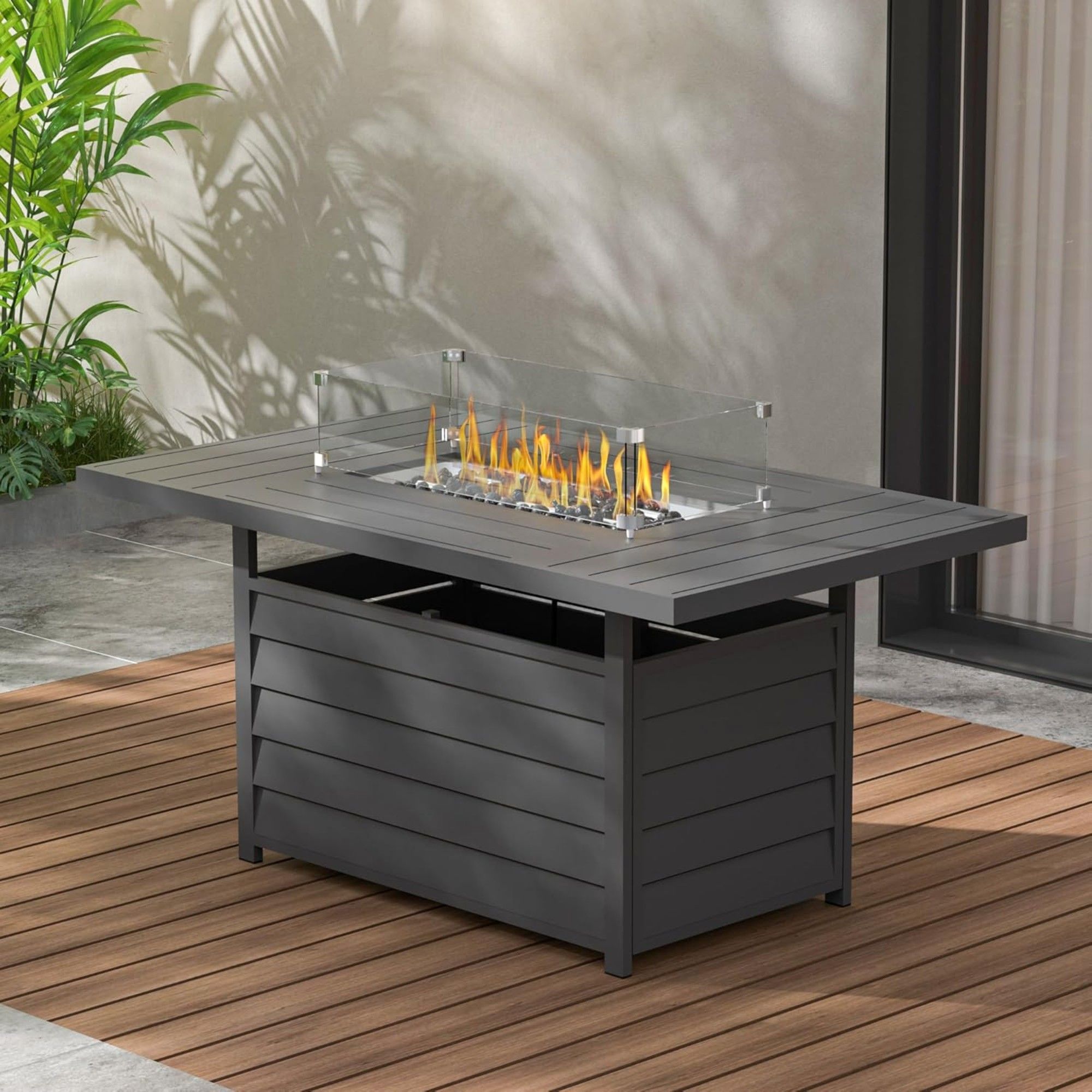 Rectangular Propane Fire Pit Table With Burner, Lava Rock, Waterproof Cover