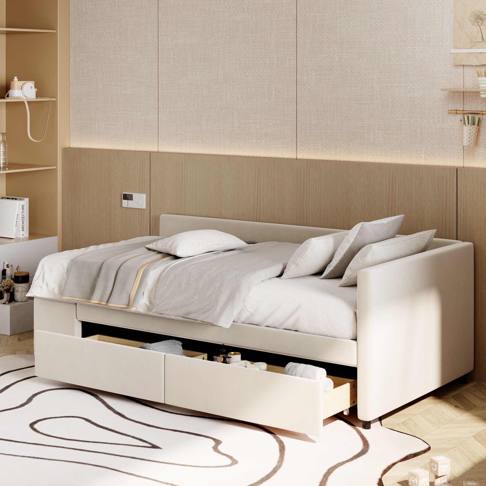 L Shaped Upholstered Platform Bed With Storage And Drawers