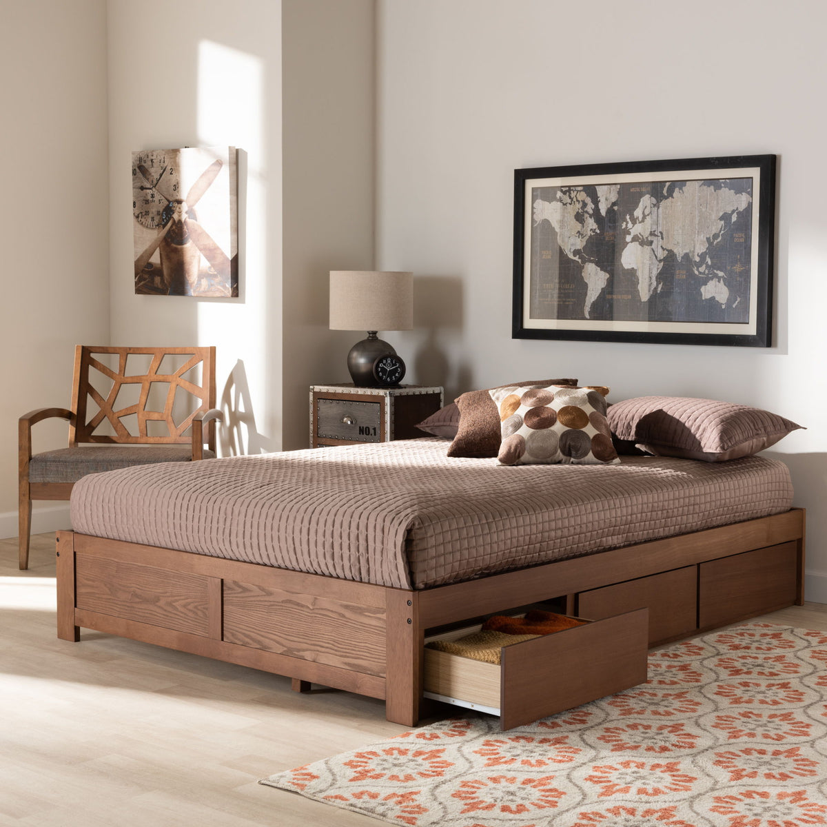 Wren Modern and Contemporary Walnut Finished 3-Drawer Queen Size Platform Storage Bed Frame