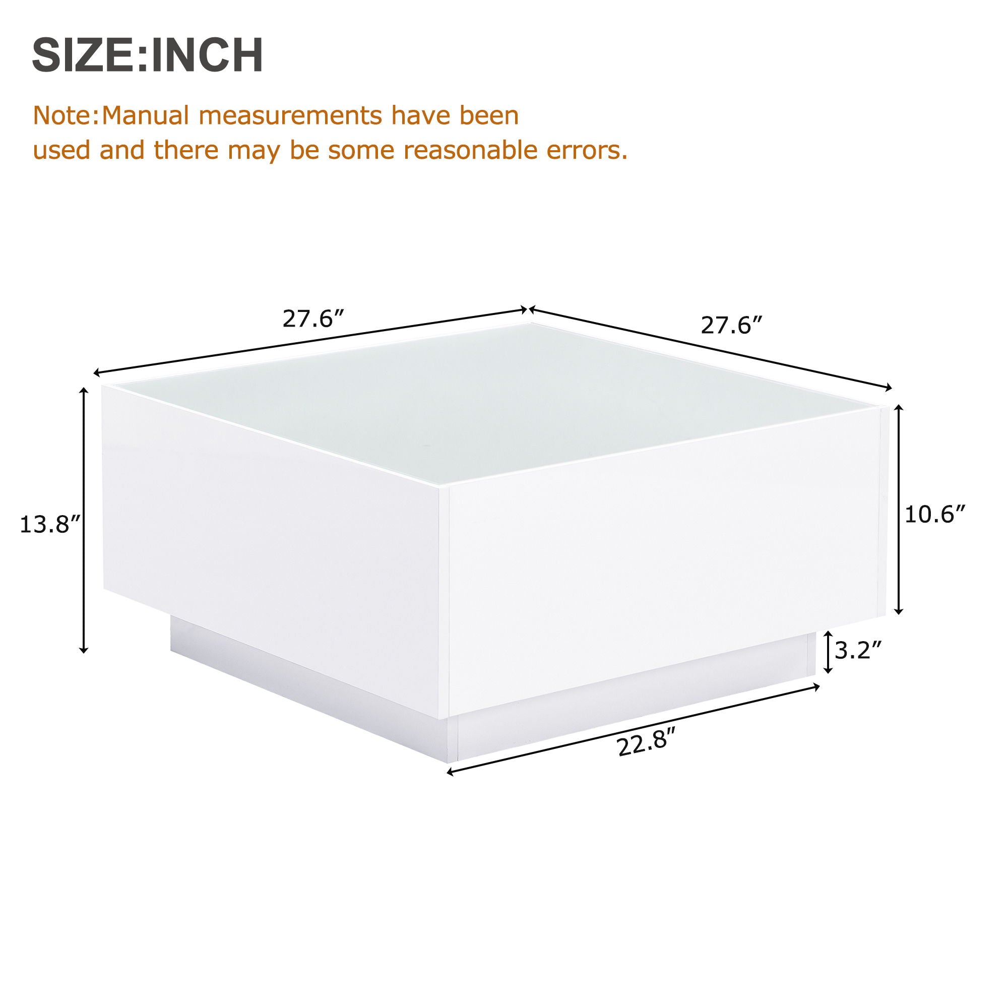 Square High Glossy Coffee Table With 16 Color Led Strip Lights, Modern Center Table With 5Mm Frosted Tempered Glass Top For Living Room