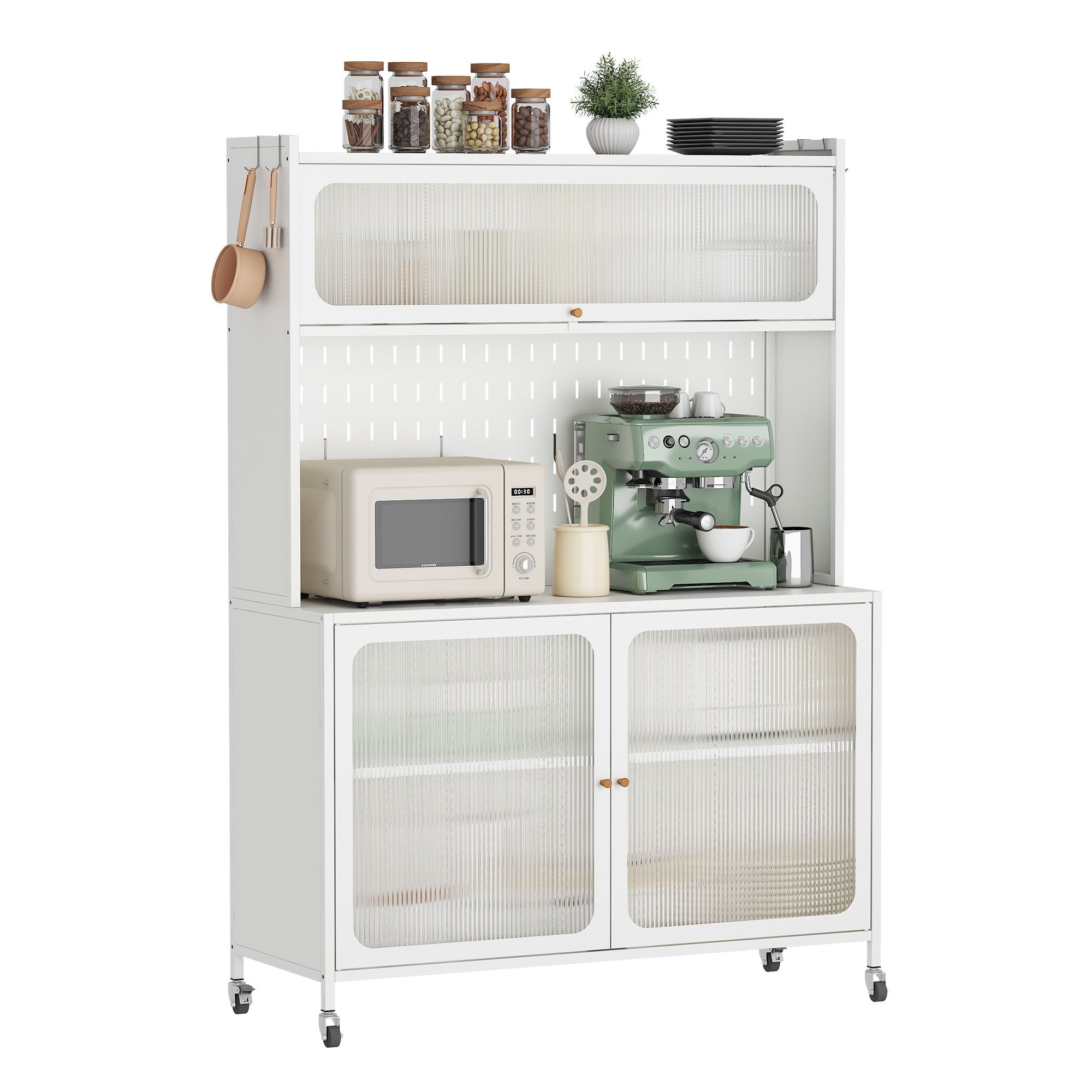Contemporary Kitchen Pantry Cabinet With Glass Doors, Adjustable Shelves, Steel - Brushed Nickel