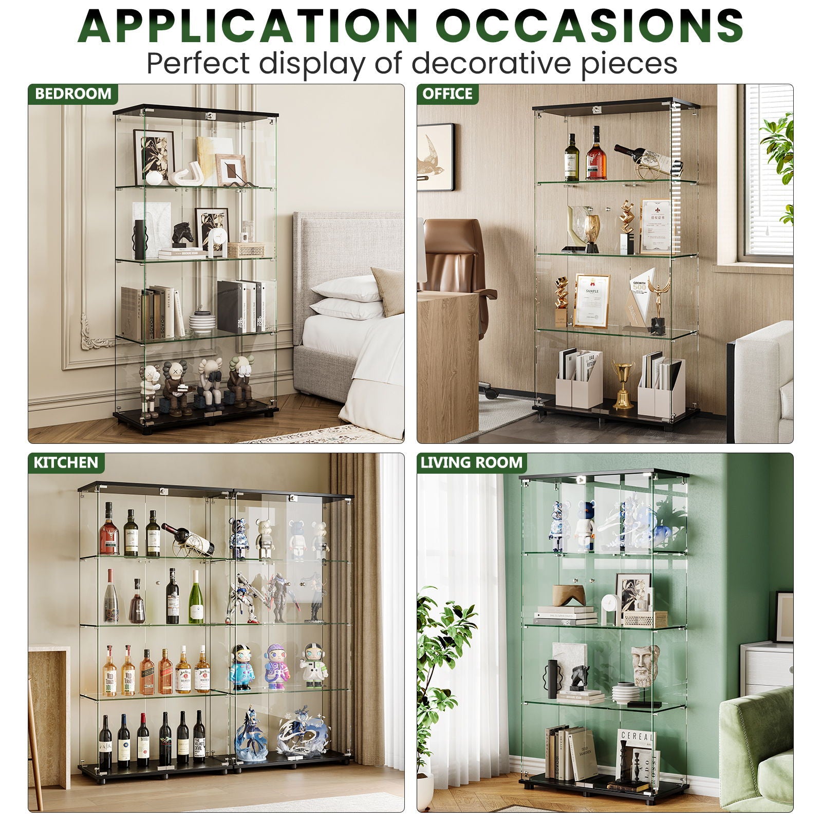 Modern Glass Display Cabinet With 4 Shelf Double Doors And Lock, Tempered Glass Bookshelf For Living Room - Black