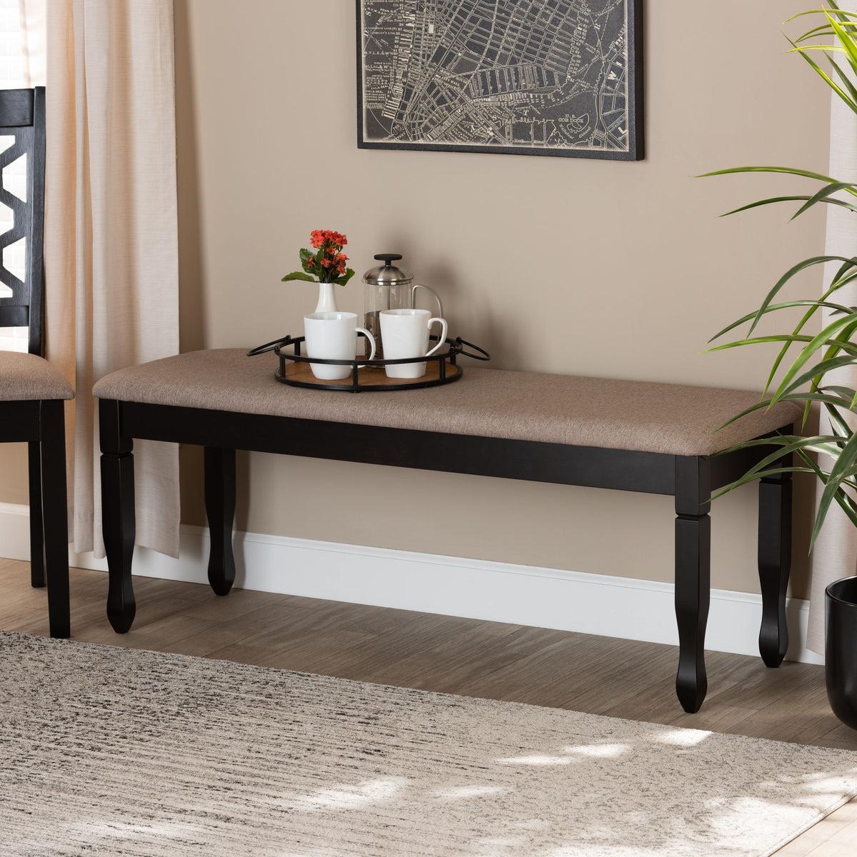 Corey Modern and Contemporary Sand Fabric Upholstered and Dark Brown Finished Wood Dining Bench