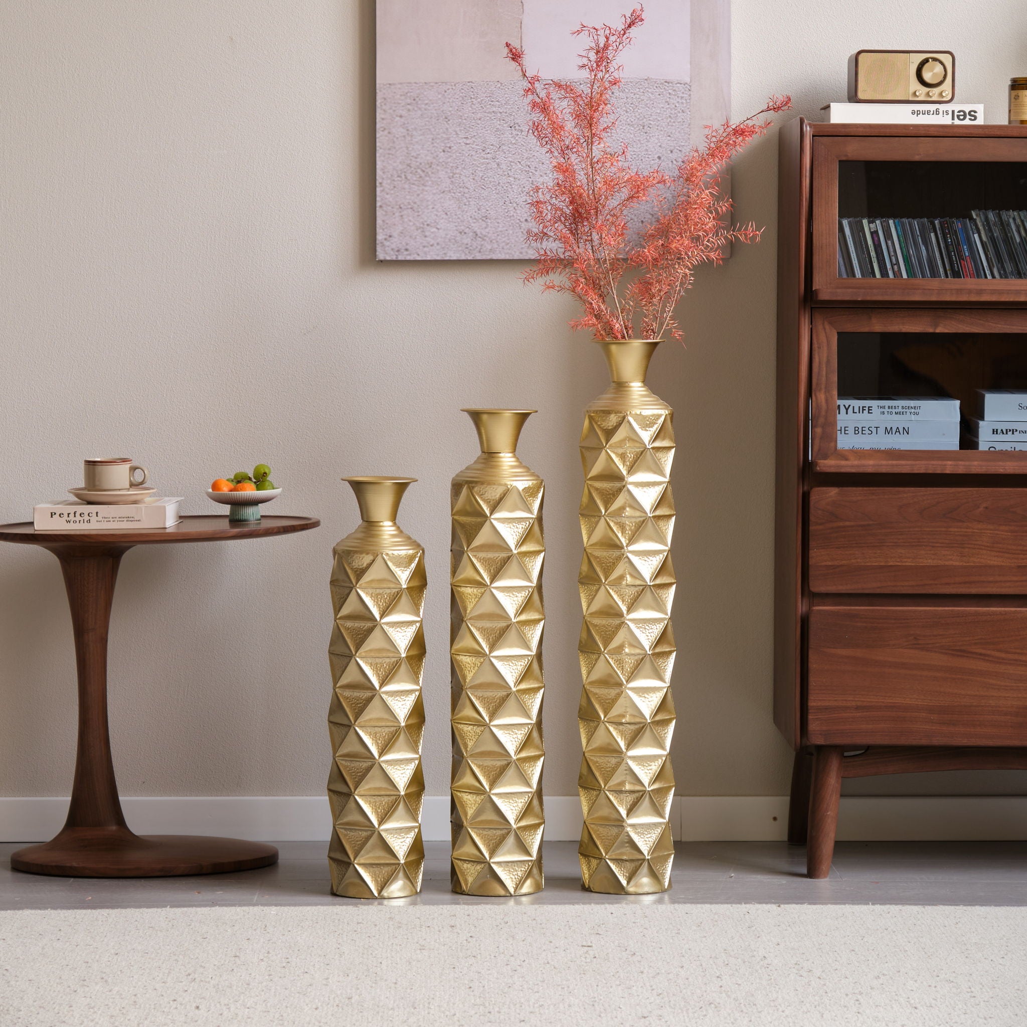 Metal Decorative Vase High Distress Metal Center Vase With 3D Triangle Pattern, (Set of 3) Vases For Home Decoration - Gold
