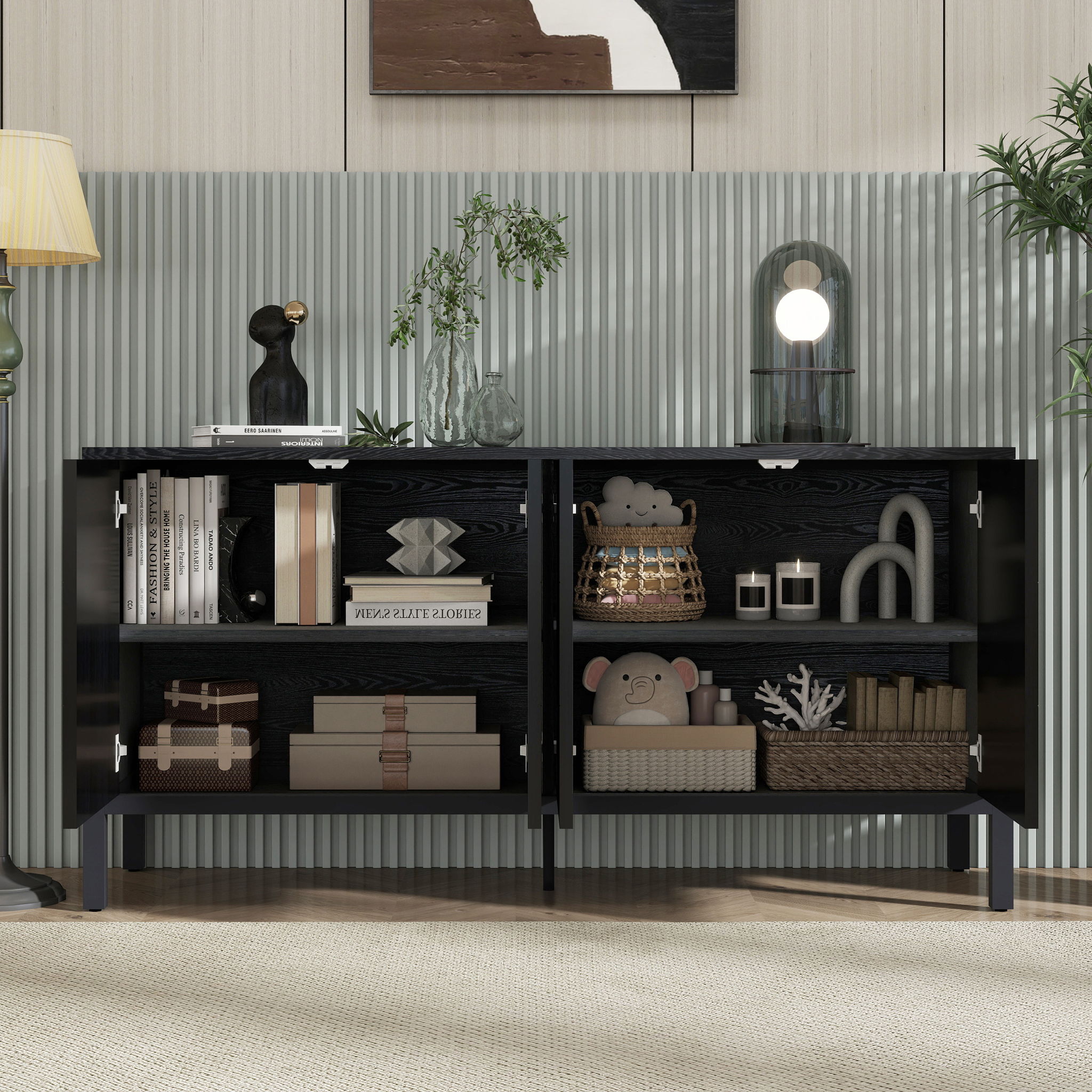 Stylish Storage Cabinet Sideboard With Unique Geometric Circle Door Design - Black