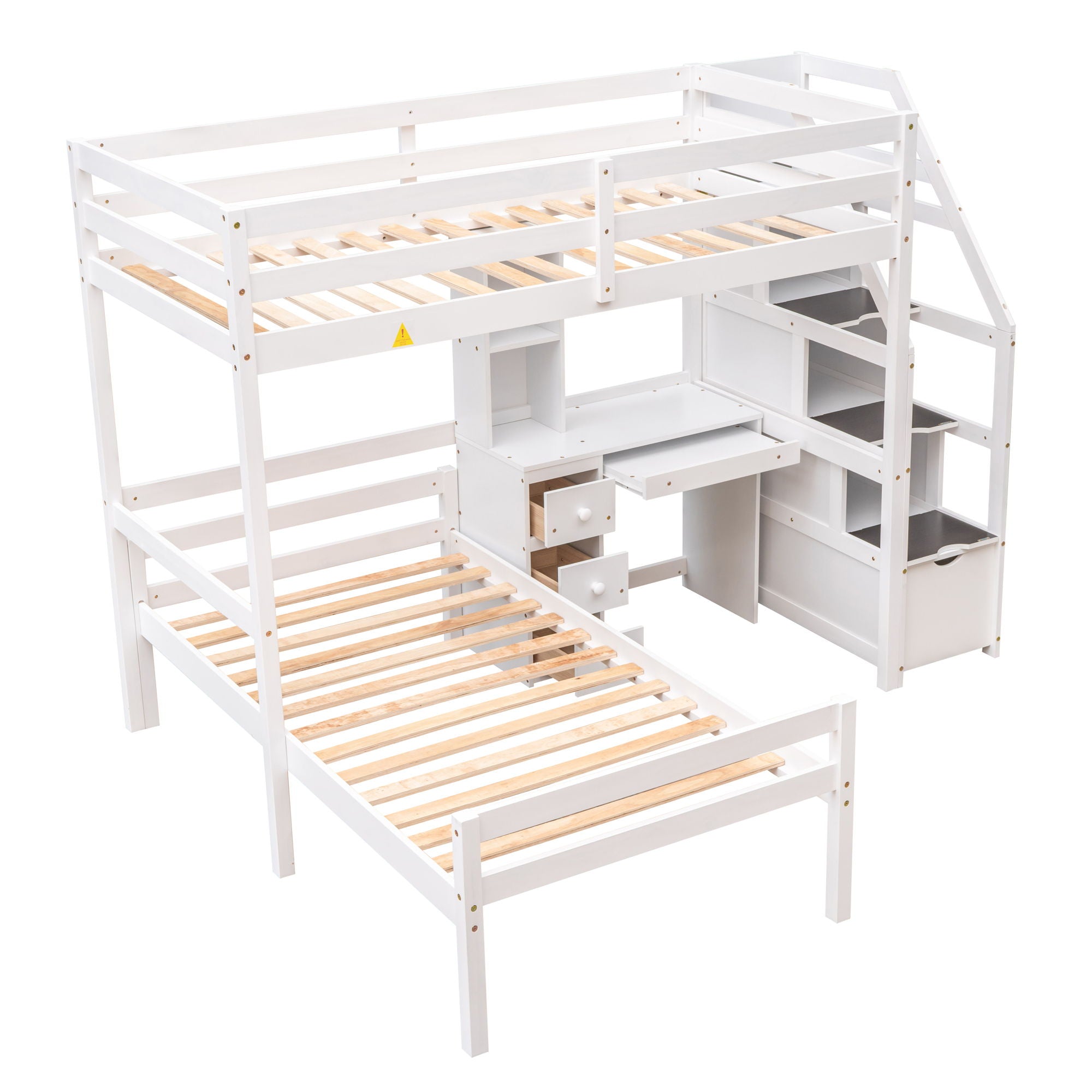 Loft Bed With Stand Alone Bed, Storage Staircase, Desk, Shelves, And Drawers