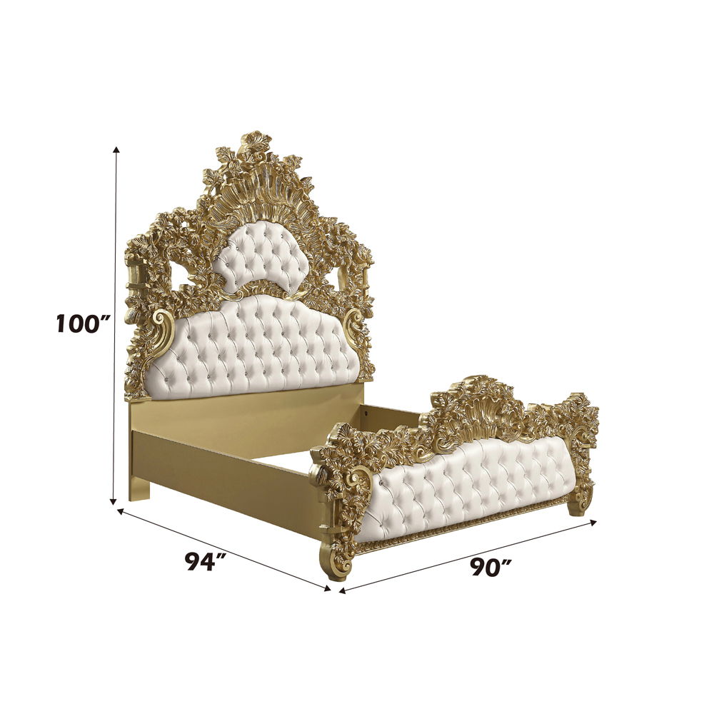 Bernadette - Eastern King Bed - White Synthetic Leather Fabric & Gold
