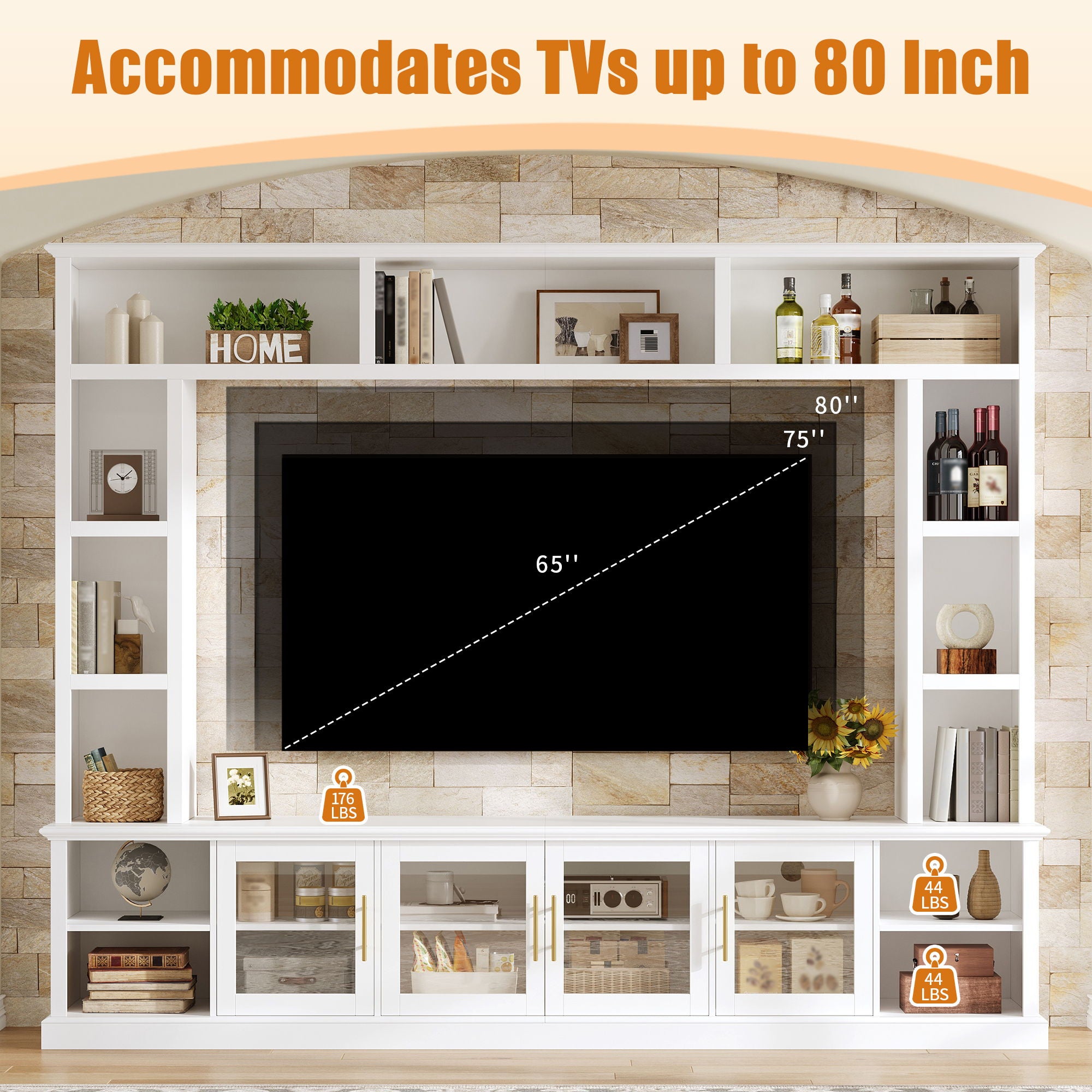 All-In-One Entertainment Center With Bookshelves & Tempered Glass Doors, TV Console Unit For Living Room