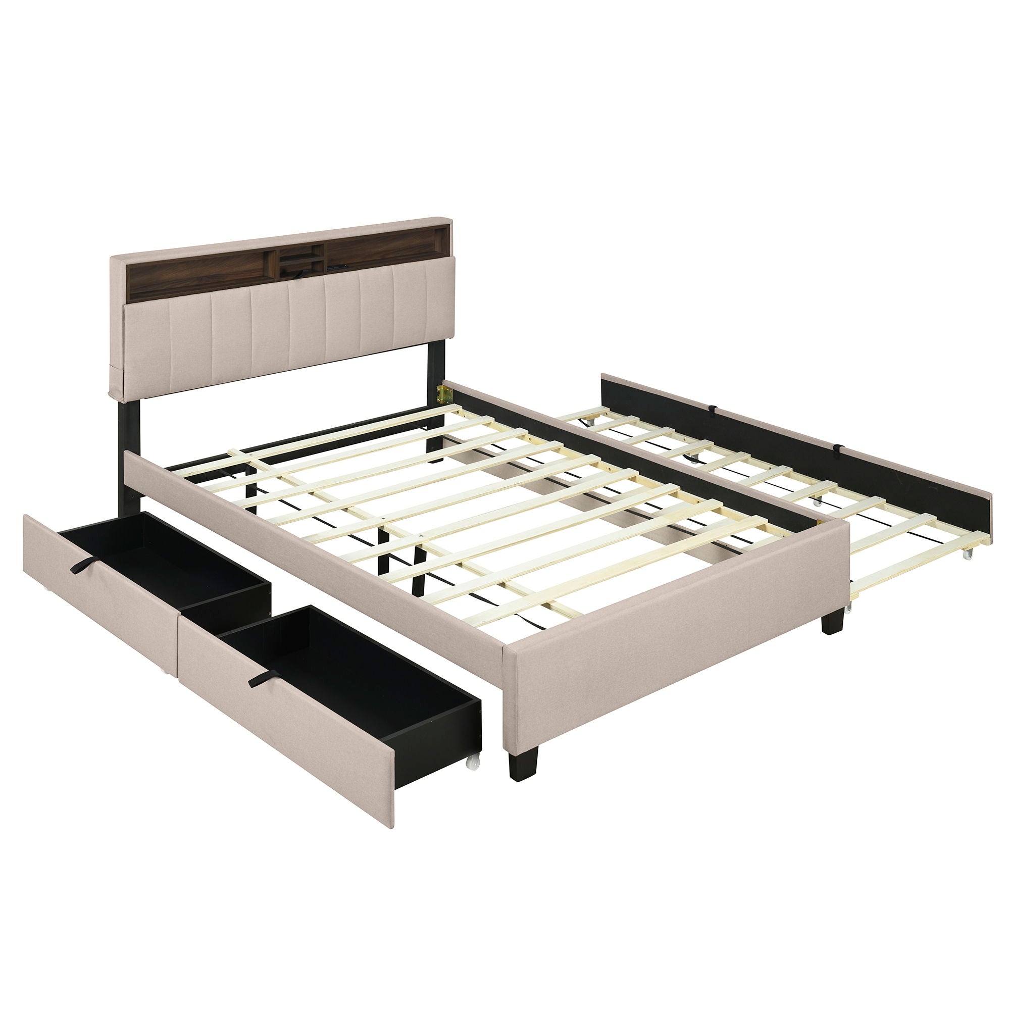 Upholstered Platform Bed With Storage Headboard, Trundle & 2 Drawers And A Set Of Sockets & USB Ports