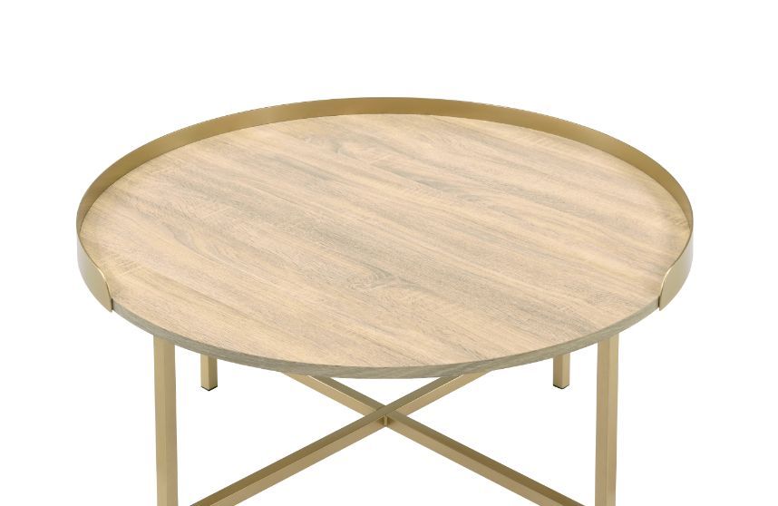 ACME Mithea - Coffee Table - Oak Table Top & Gold Finish | Meri Furniture