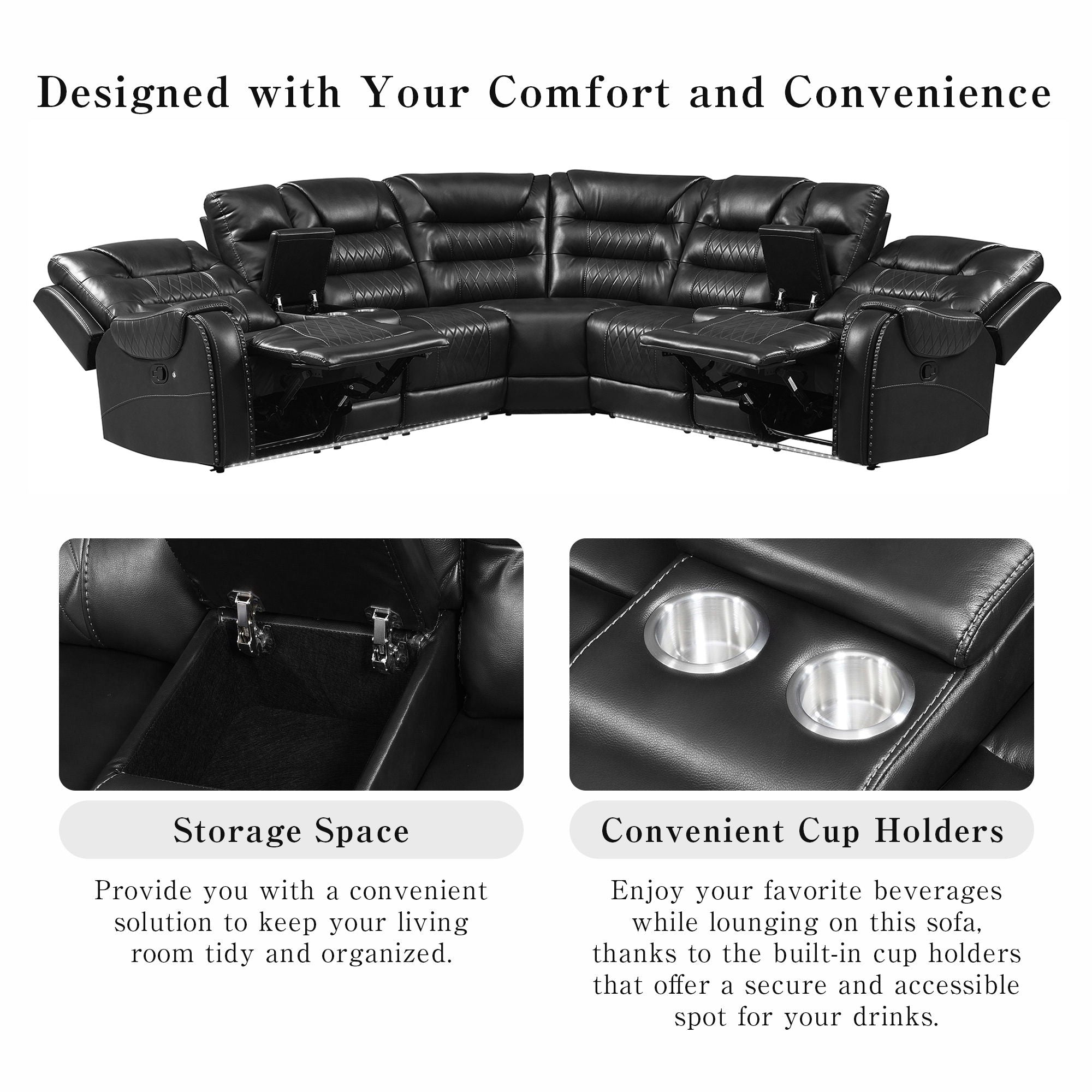 Manual Reclining Sectional Sofa Set, L Shaped Symmetrical Motion Sofa Corner Couch Sets With Storage Boxes, 4 Cup Holders And LED Light Strip For Living Room